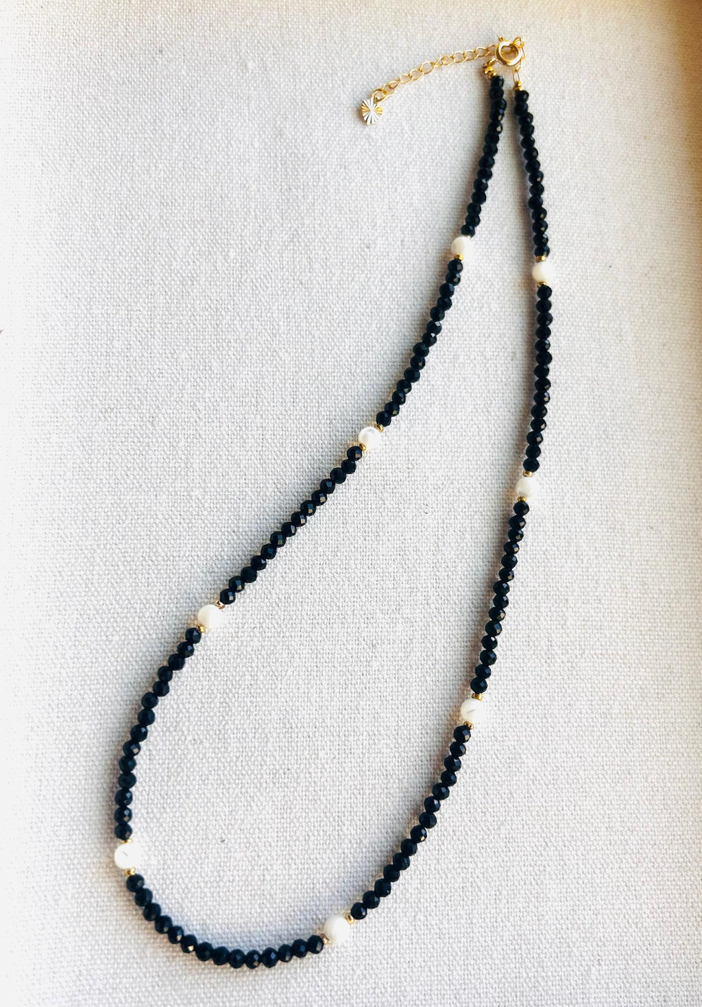 Black Spinel necklace with Gold and shell beads, August Birthstone (26-044)