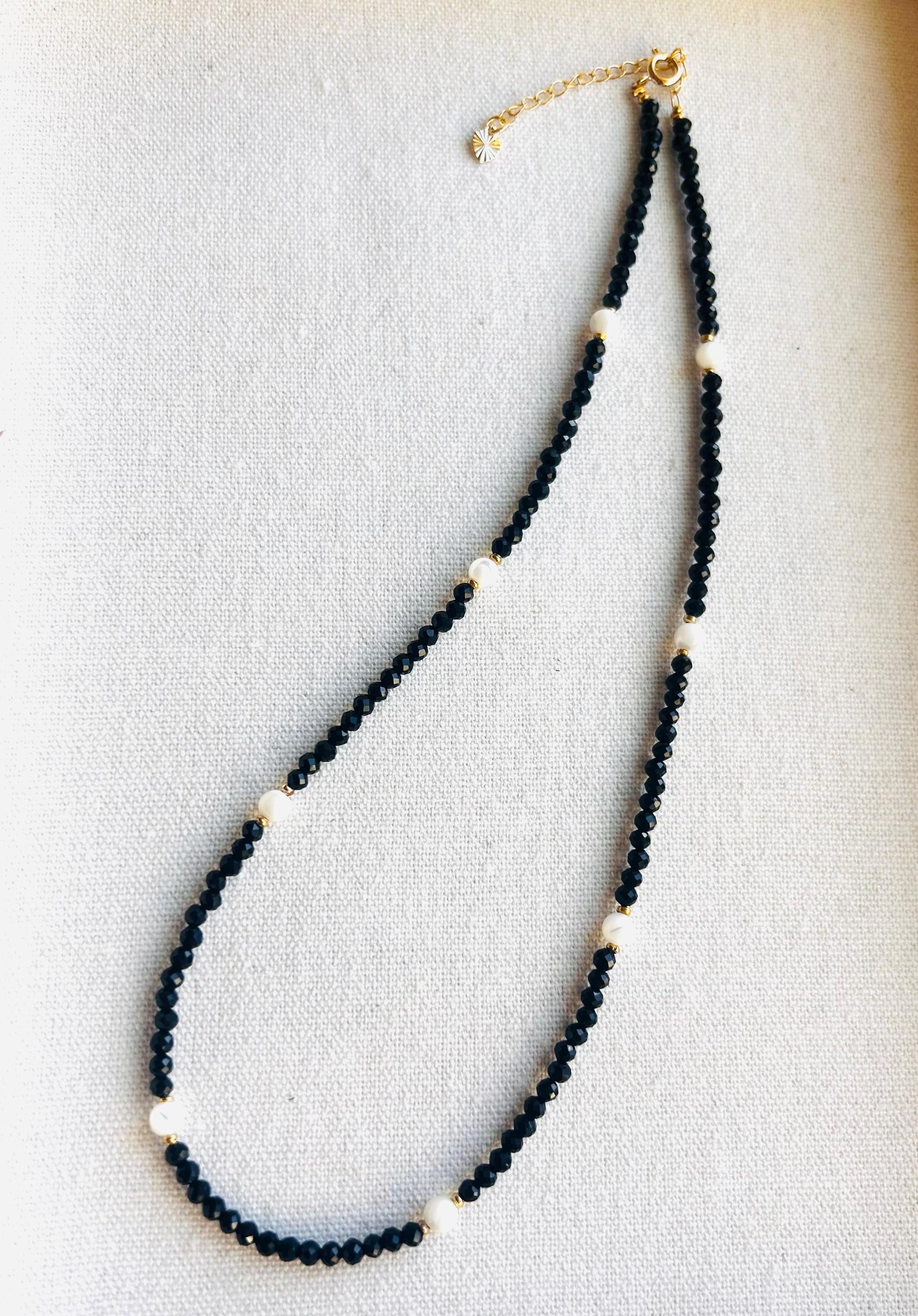 Black Spinel necklace with Gold and shell beads, August Birthstone (26-044)