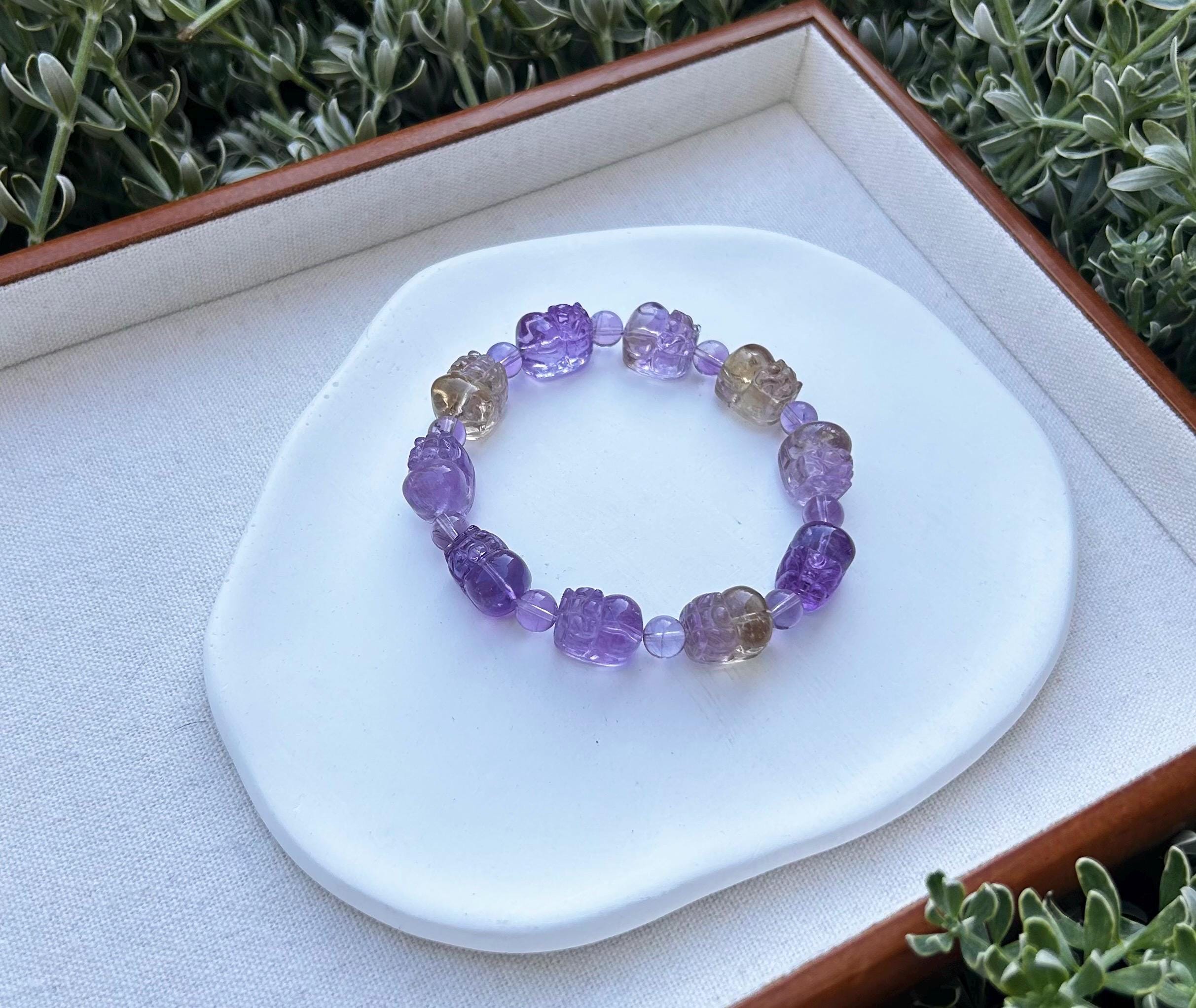 Purple and Yellow Citrine PiXiu Bracelet: Natural Crystal Carved Beads  (GH-021)