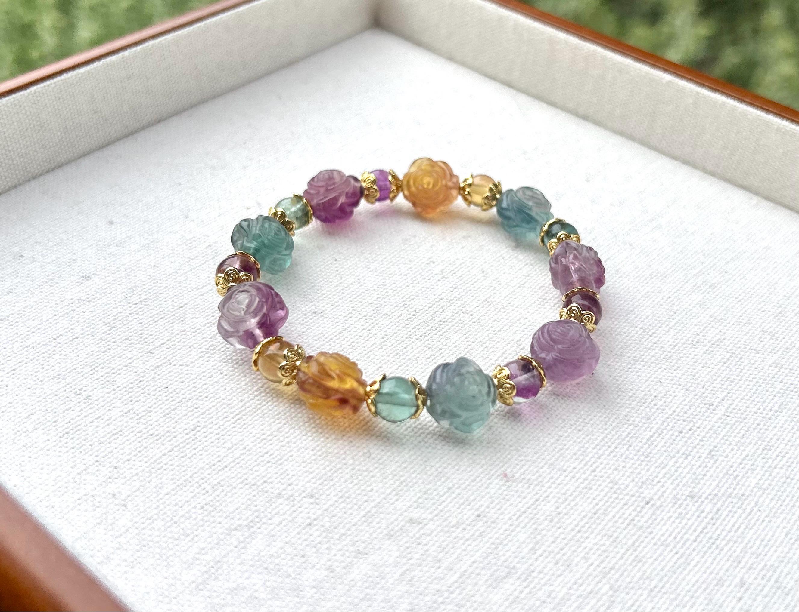 Hand Carved Fluorite Rose Bracelet: Natural Crystal Stone (26-077)