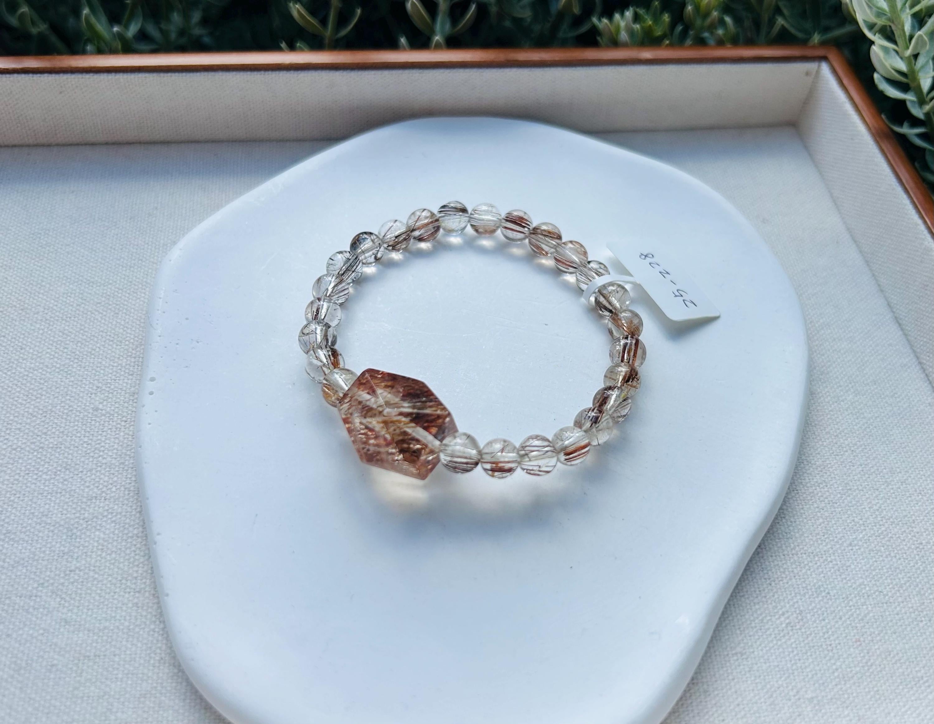 Black Gold Rutile Quartz Crystal round Bead Bracelet, with one chunky nugget, Fits up to 16cm wrist (25-228)
