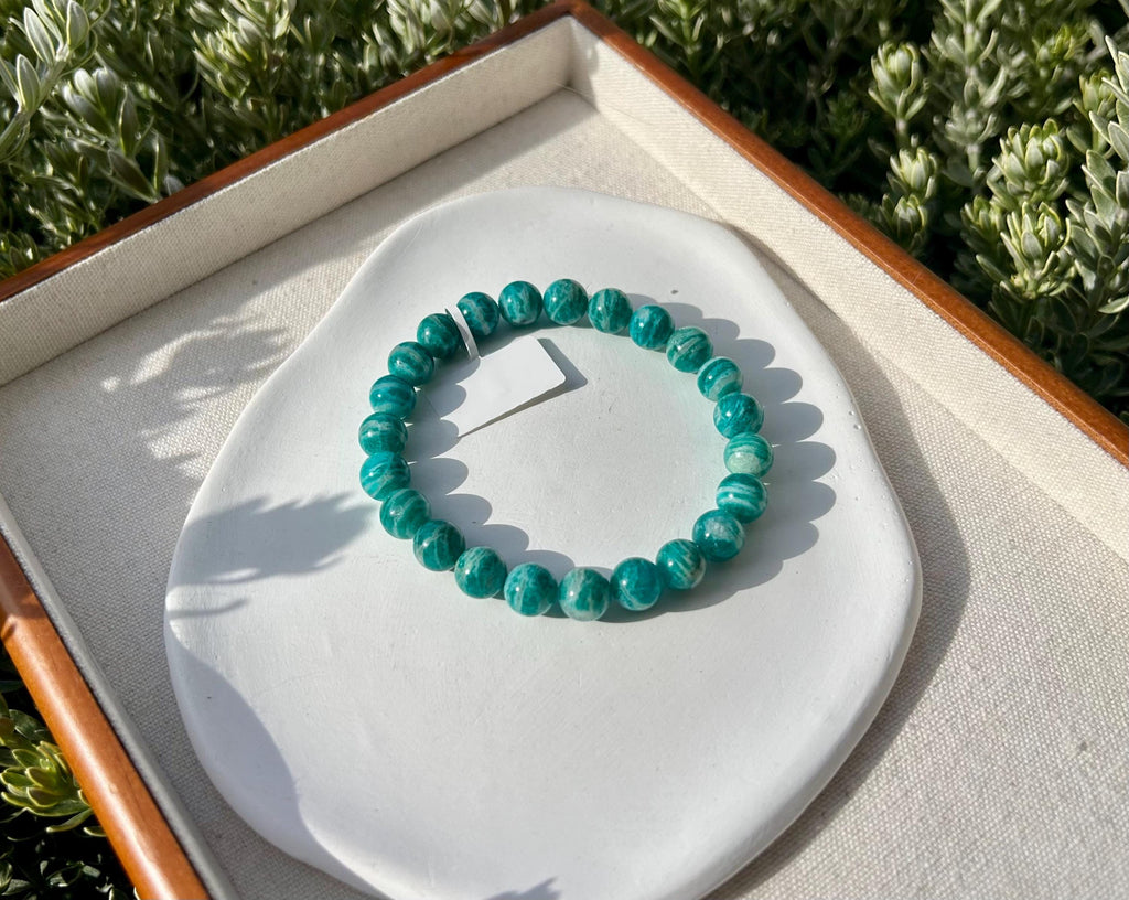 Natural Amazonite Gemstone Bracelet: Stretchy Crystal Healing Beads, fits up to 17.5cm wrist (26-040)