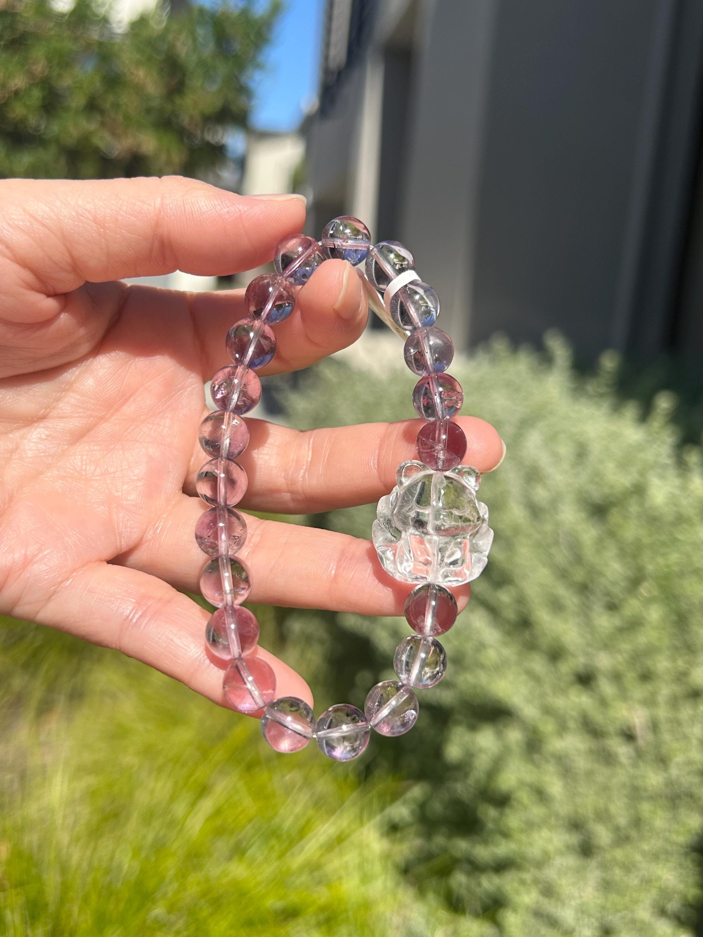 Clear Natural amethyst beads bracelet featuring a crystal carved fox, Amethyst Crystal Stretchy Bracelet (26-154)