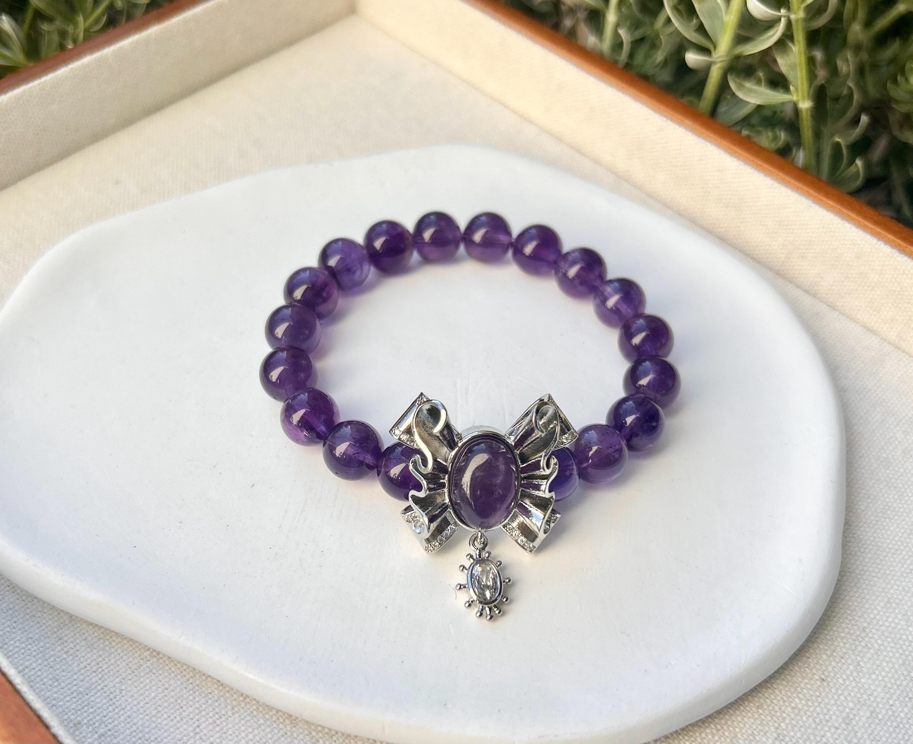Natural Amethyst Crystal Beaded Bracelet - Stretchy Gemstone Healing, Fits up to 16cm wrist (25-139)