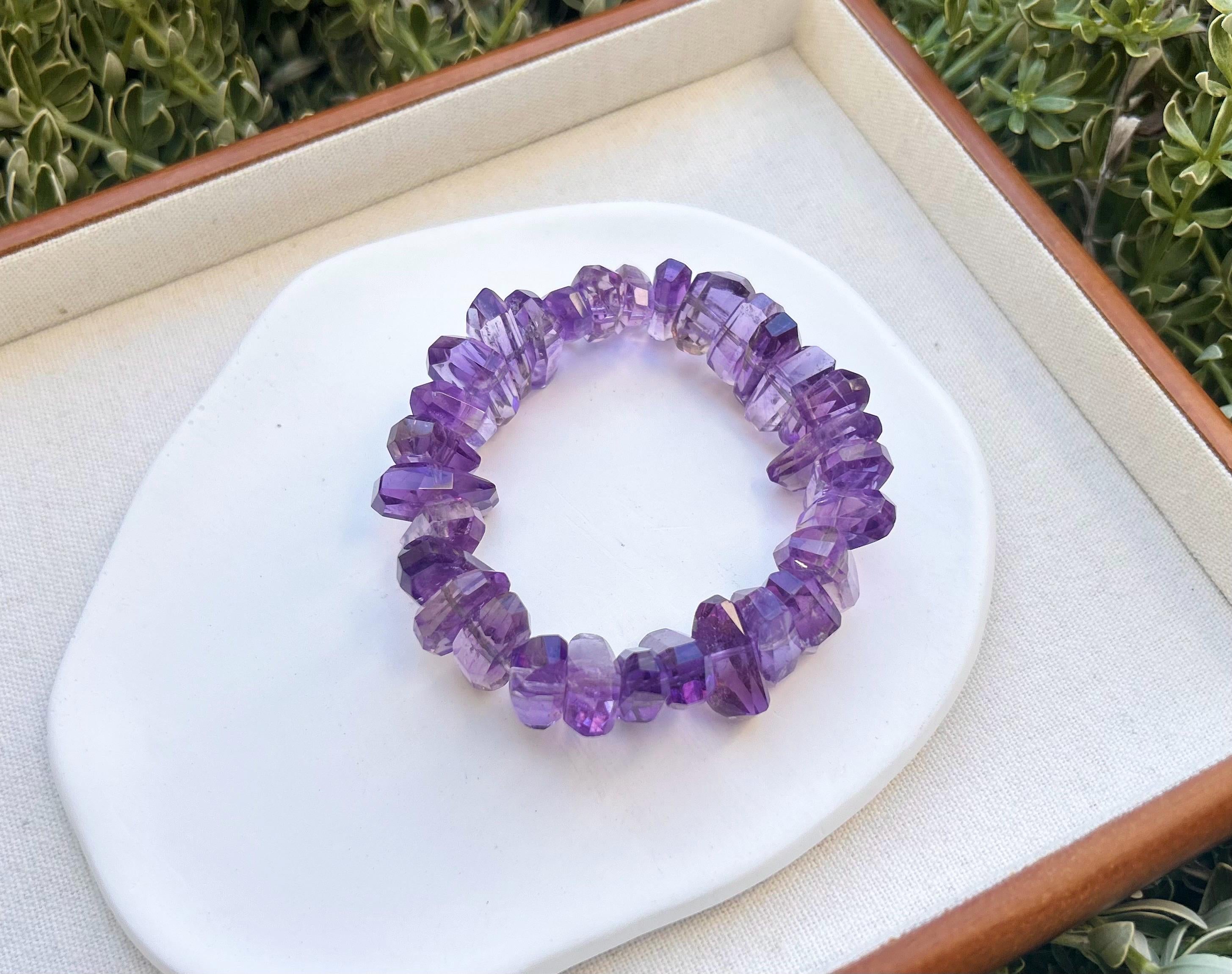 Faceted Amethyst Crystal Bead Bracelet: Stretchy Gemstone Jewelry, Fits up to 17cm wrist (GH-015)