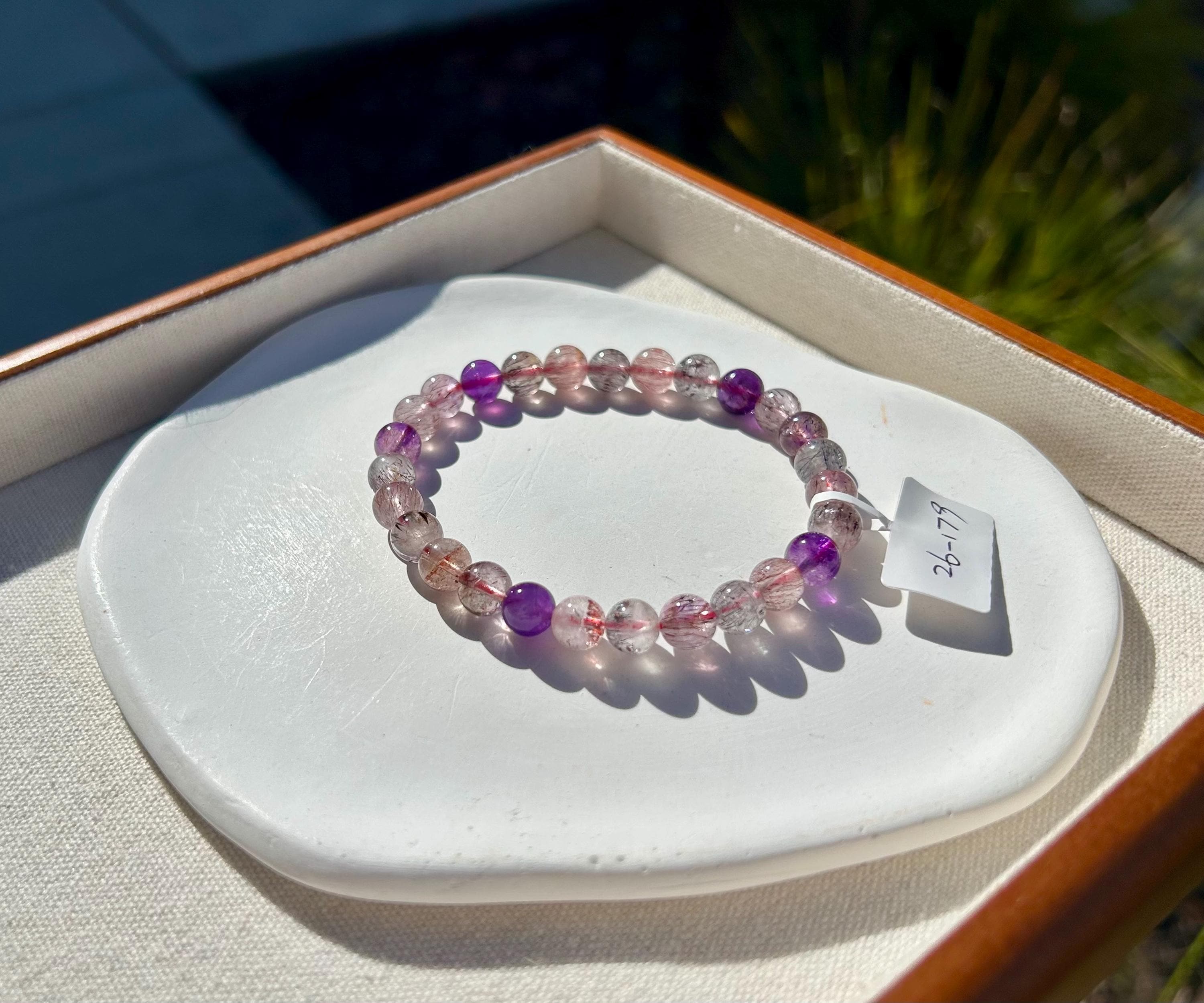 Super Seven Beads Bracelet: Rare Pattern Crystal Healing Jewelry, fits up to 17.5cm wrist (26-179)