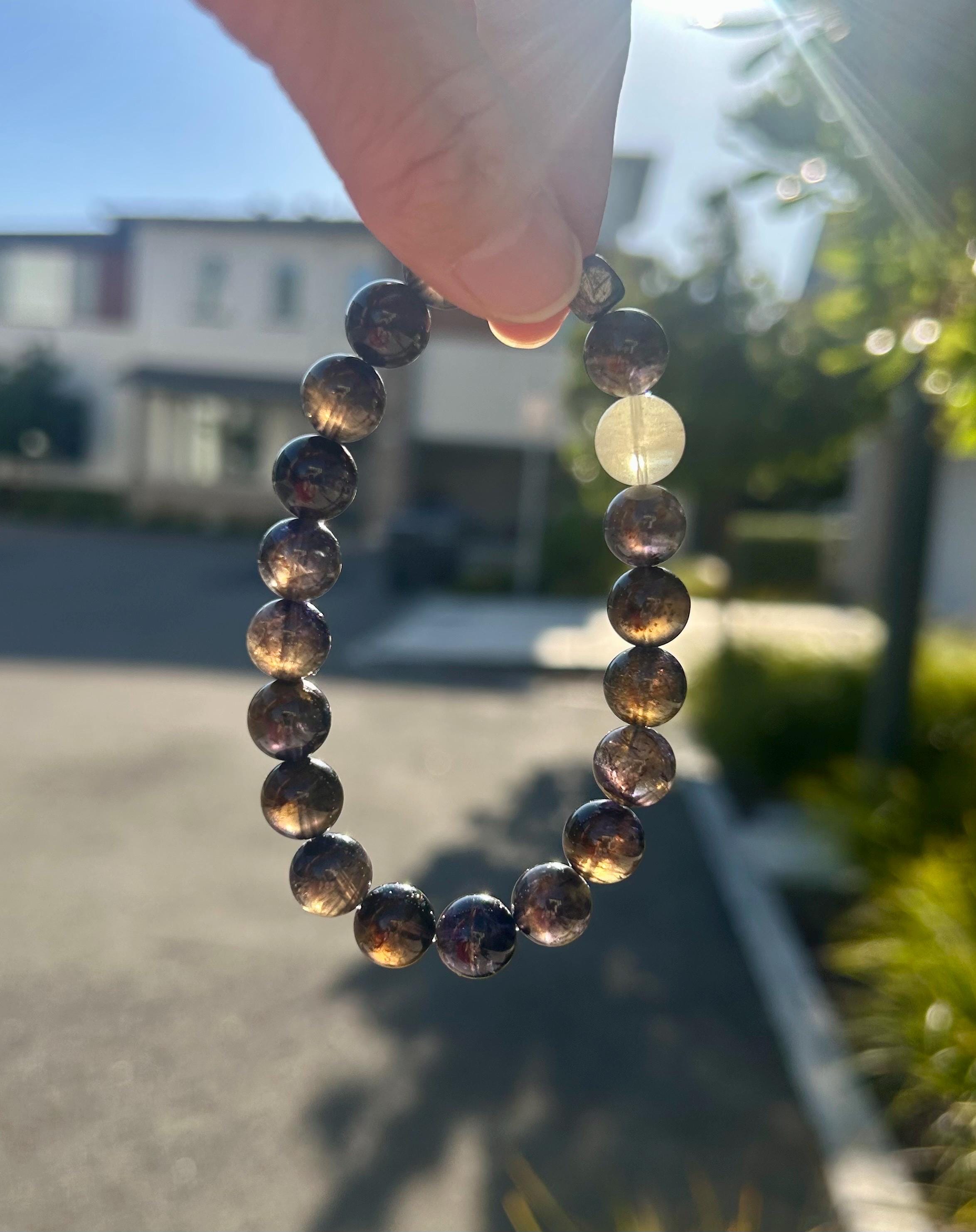 Natural Cordierite/Iolite with visible inclusions  Bracelet with one Libyan and Gibeon Meteorite, 10mm+ beads, fits up to 17cm wrist 25-224