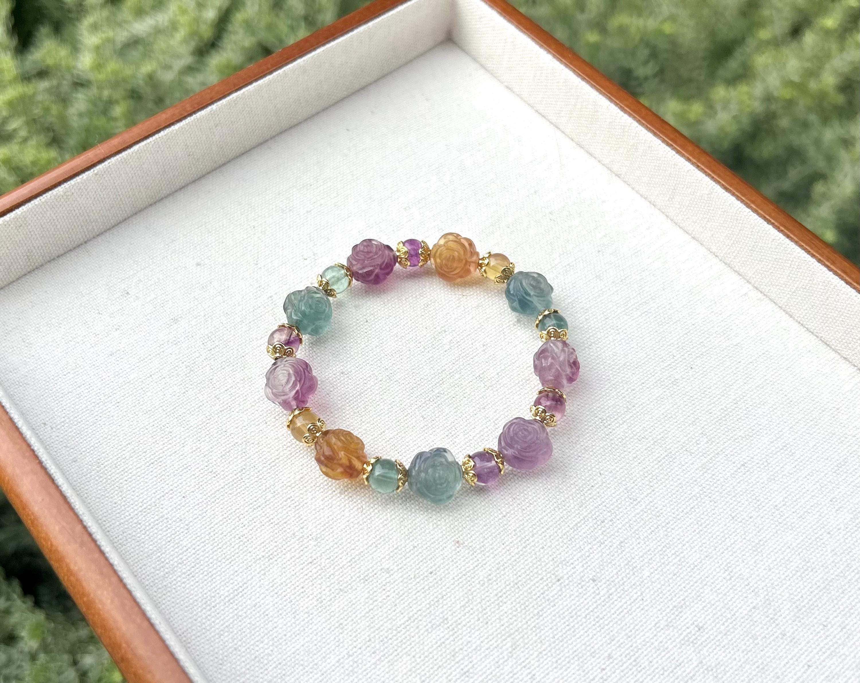 Hand Carved Fluorite Rose Bracelet: Natural Crystal Stone (26-077)