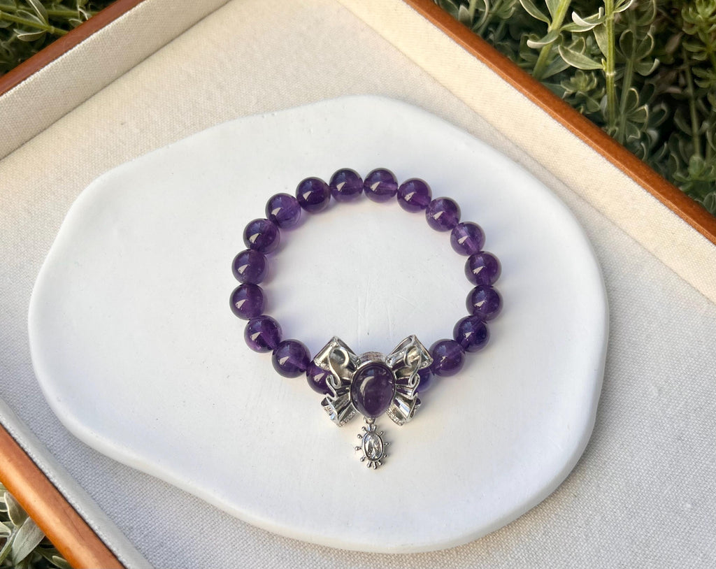 Natural Amethyst Crystal Beaded Bracelet - Stretchy Gemstone Healing, Fits up to 16cm wrist (25-139)