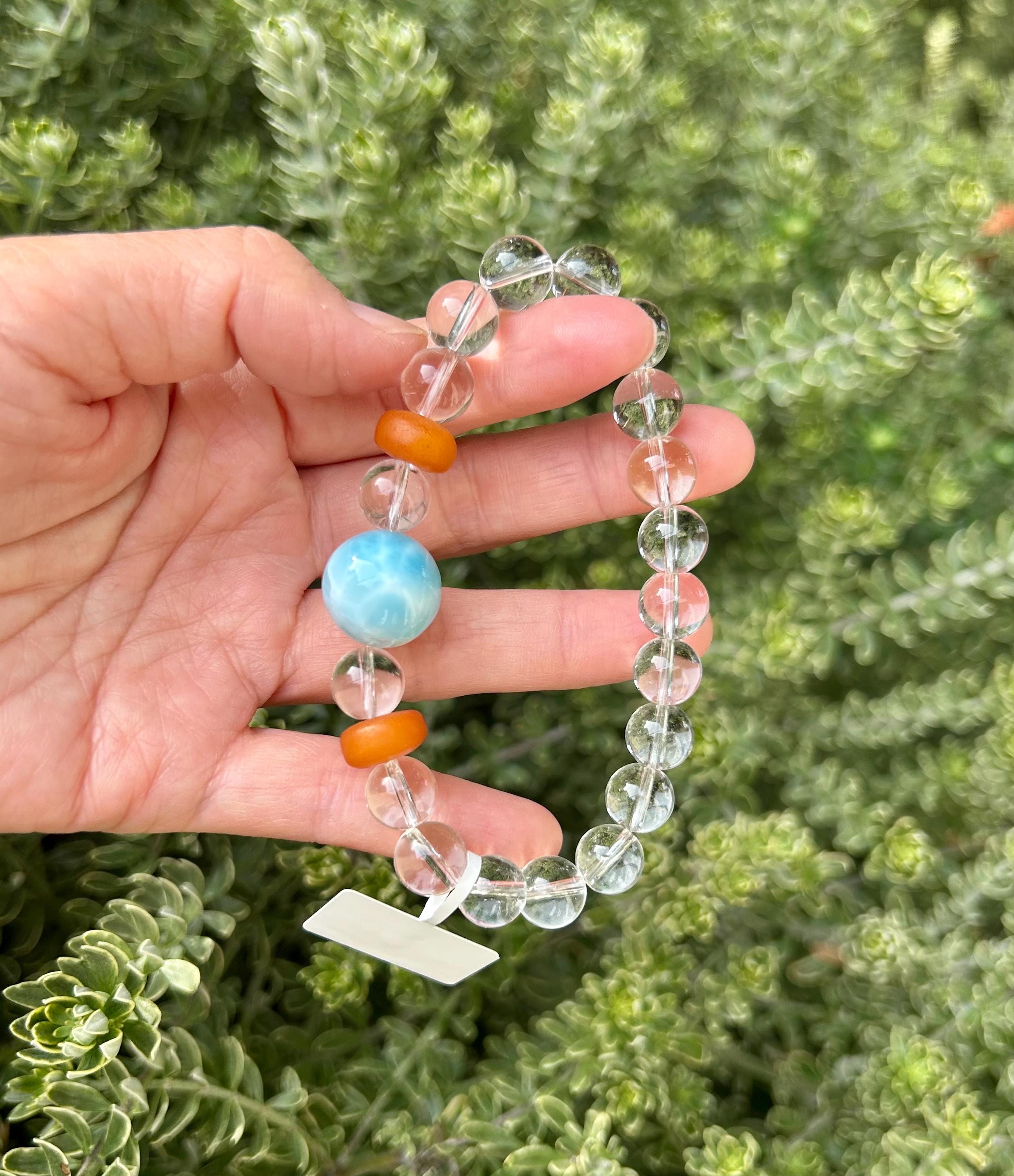 Chunky Larimar bead 16mm and clear Quartz beads bracelet with beeswax beads, Fits up to 17cm wrist, can be adjusted shorter (25-218)