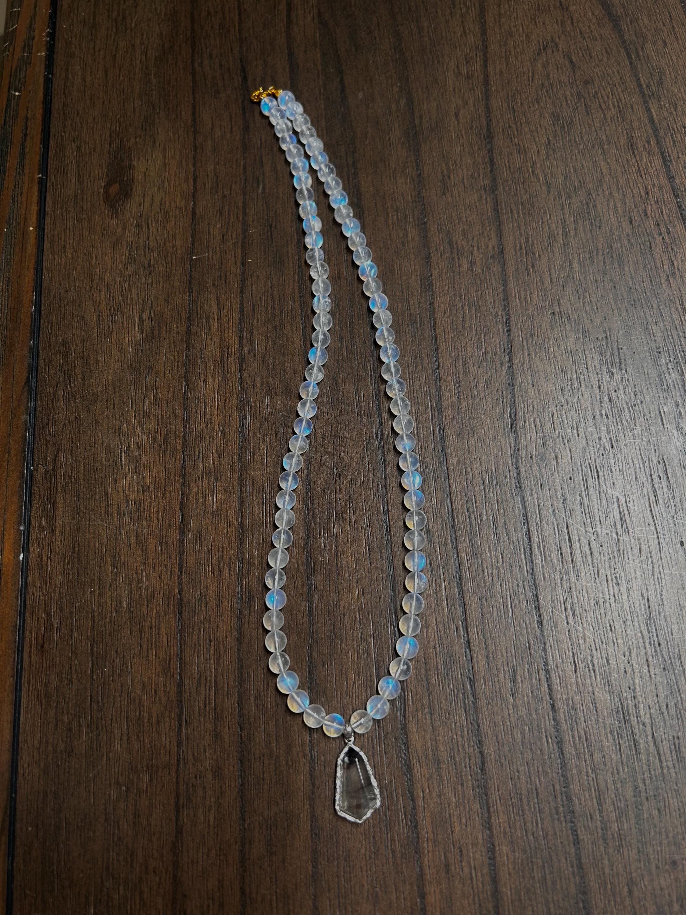 High quality blue light Moonstone beads and sterling silver accessories Necklace, Black & Silver Rutilated Quartz pendant (50cm) (GH-016)