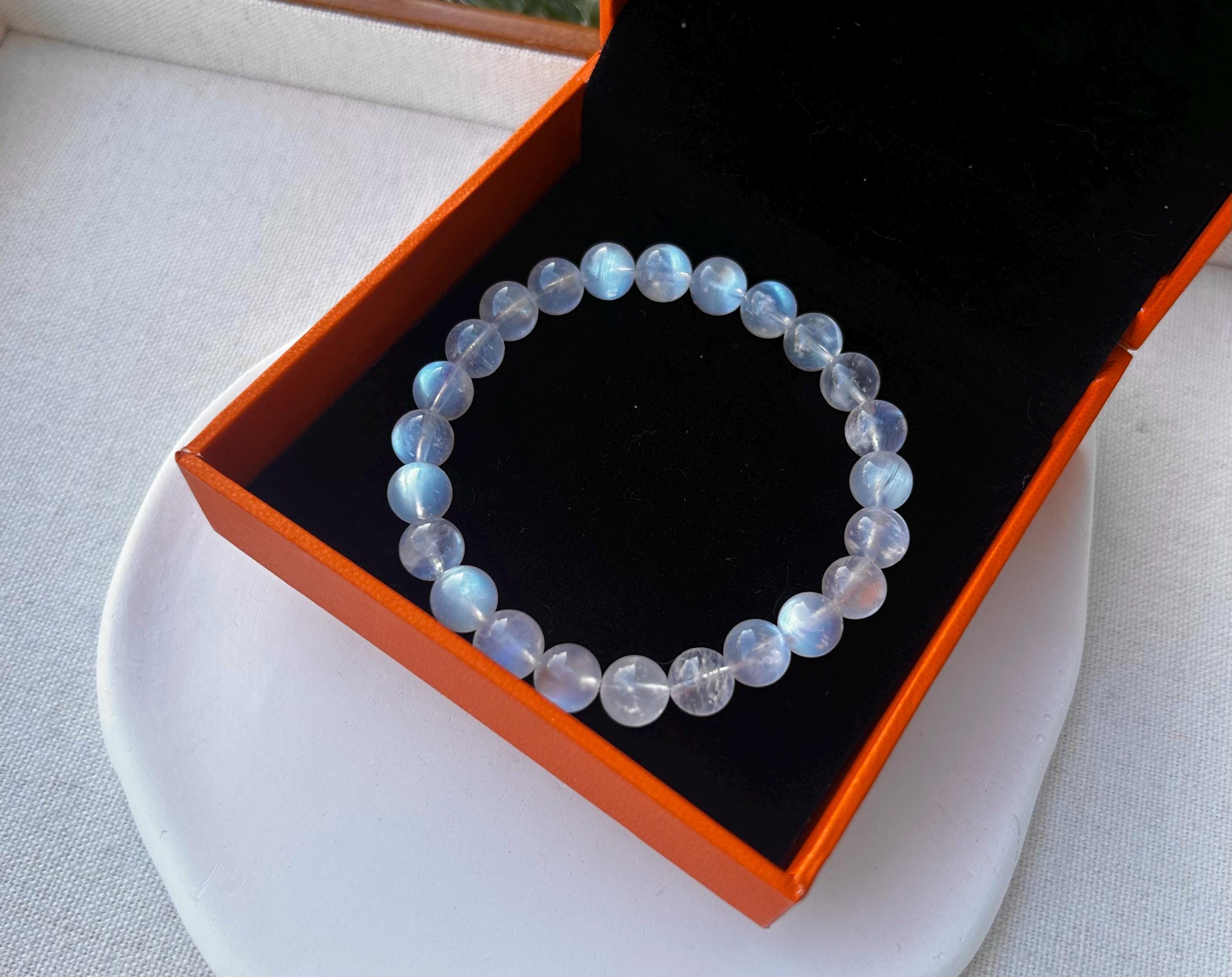 Natural Moonstone Crystal Bracelet: Blue Light Gemstone, 8mm Beads, (25-095)