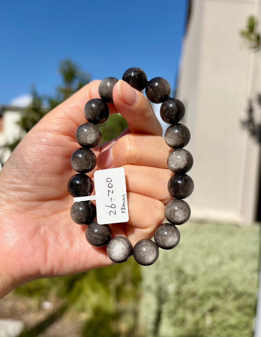 Chunky Silver Obsidian Bead Bracelet: Stretchy Gemstone Jewelry, 12mm beads, (26-200)