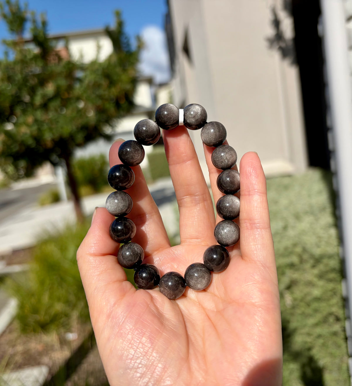 Chunky Silver Obsidian Bead Bracelet: Stretchy Gemstone Jewelry, 12mm beads, (26-200)