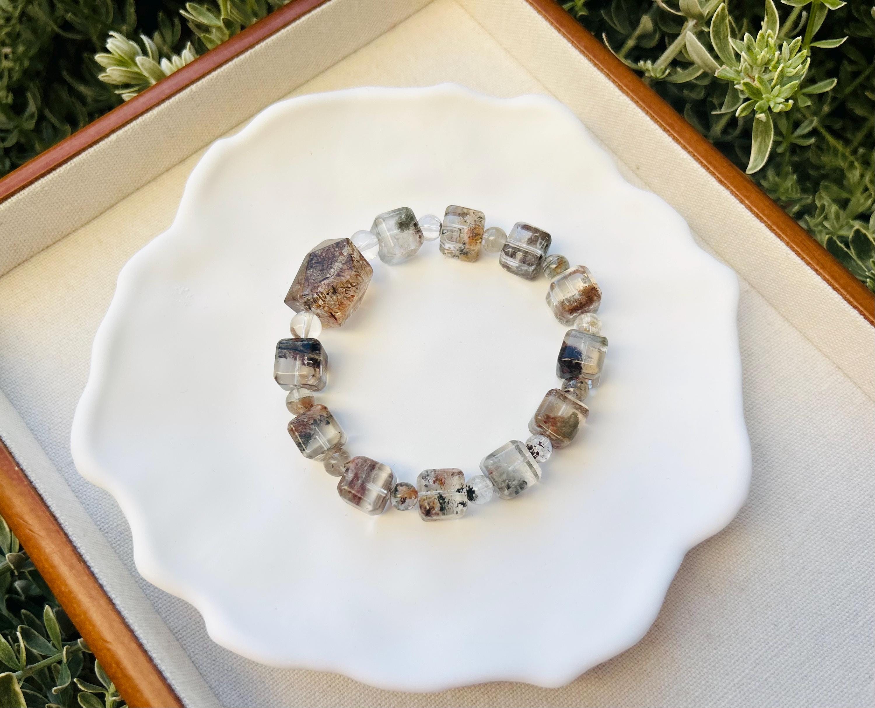 Four Season Phantom Quartz square beads with one chunky Black Gold Rutile Crystal Bracelet, fits up to 17cm wrist (25-184)
