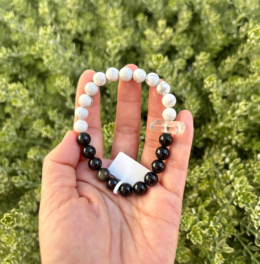 Black Obsidian, White Turquoise and Clear Quartz Tower Bracelet – Protection, Purification & Luck, fits up to 17cm (26-116)