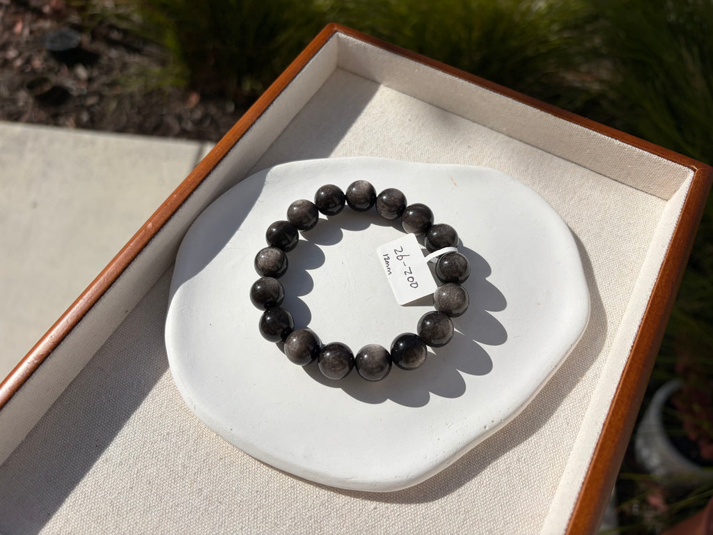 Chunky Silver Obsidian Bead Bracelet: Stretchy Gemstone Jewelry, 12mm beads, (26-200)