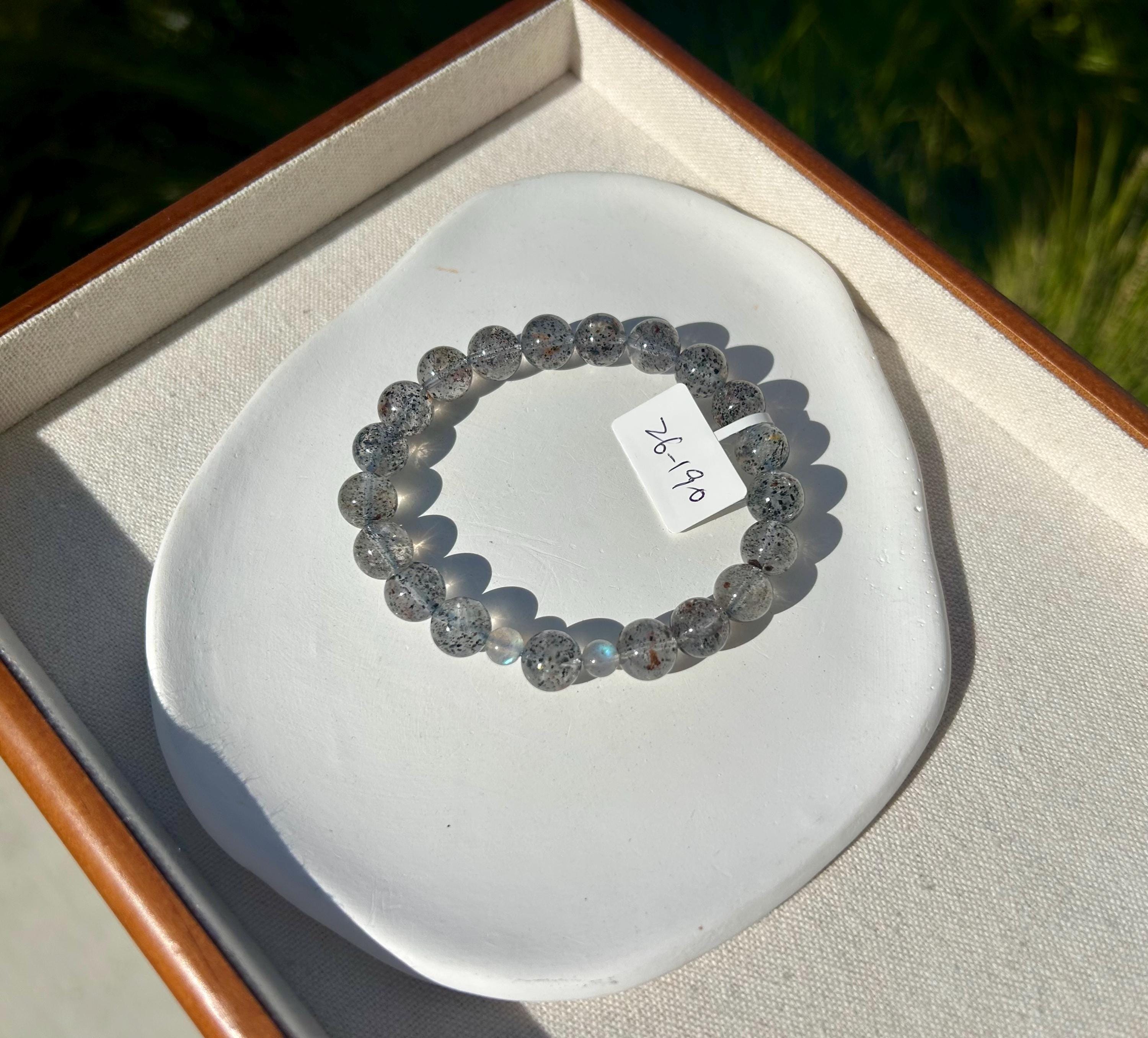 Phatom clear quartz beads with 2 small labradorite beads crystal bracelet, 9mm+ beads, fits up to 17cm wrist (26-190)