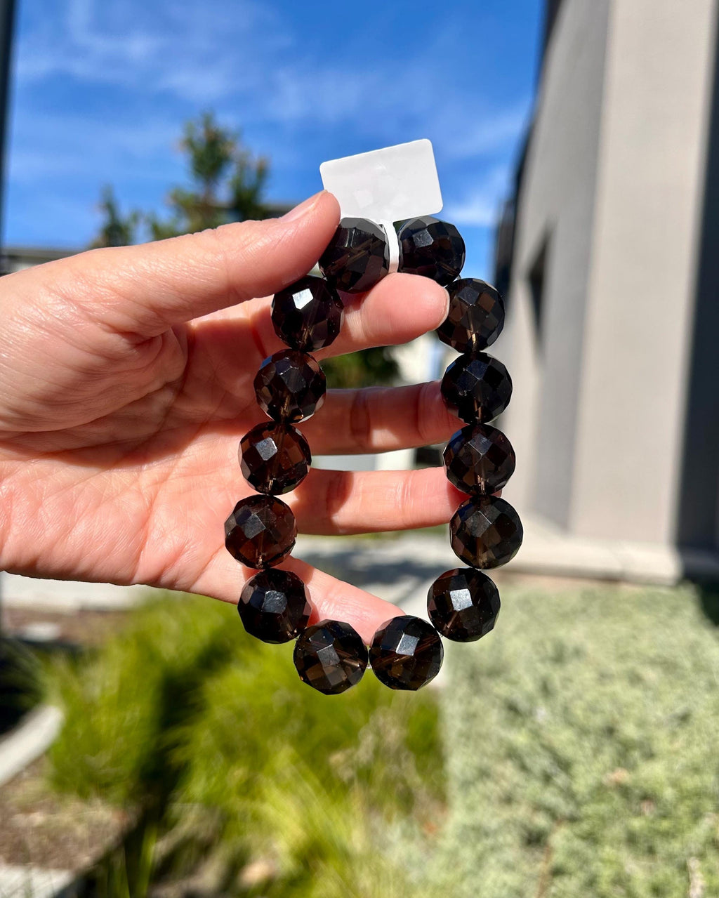 Chunky faceted Natural Smoky Quartz Crystal Bracelet featured with a crystal bow, 15mm+ smoky beads, Fits up to 18mm wrist (26-189)
