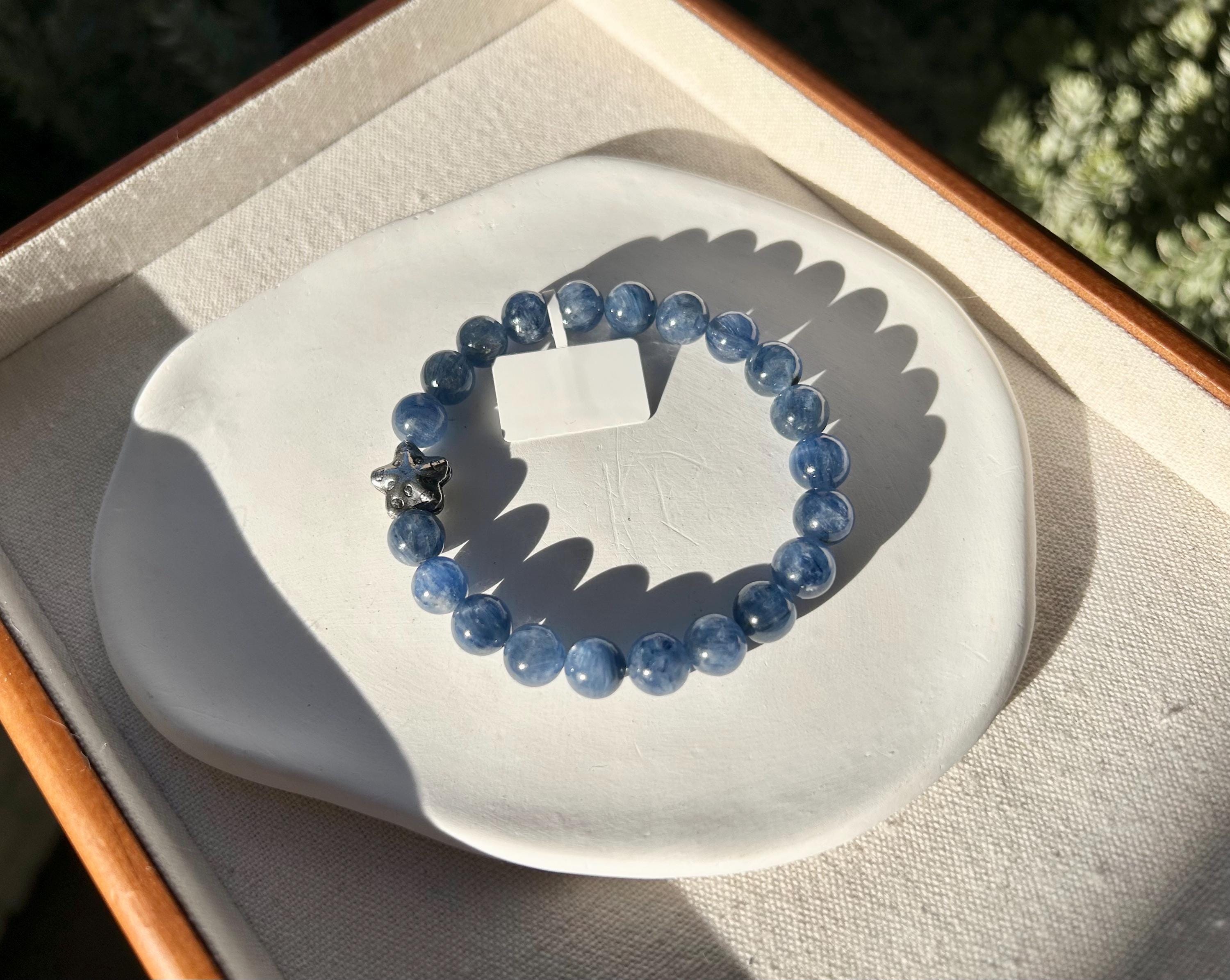 Genuine Blue Kyanite Healing Stone beads bracelet with silver sea star bead, fits up to 17cm wrist (26-029)