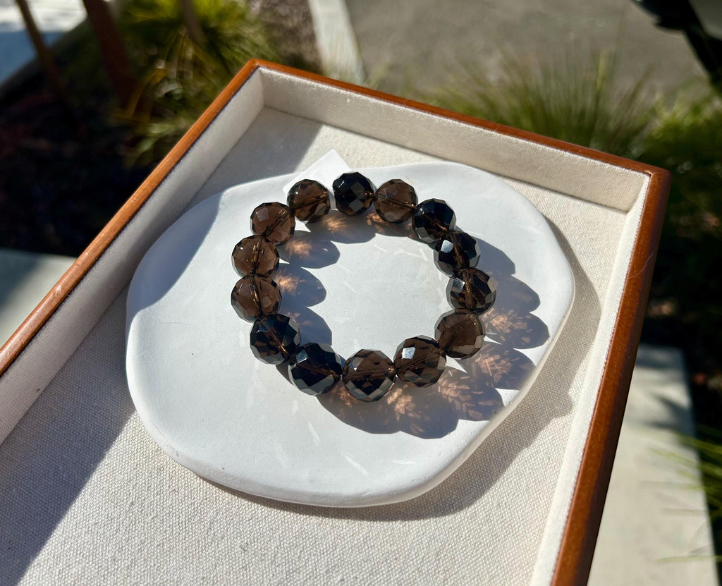 Chunky faceted Natural Smoky Quartz Crystal Bracelet featured with a crystal bow, 15mm+ smoky beads, Fits up to 18mm wrist (26-189)