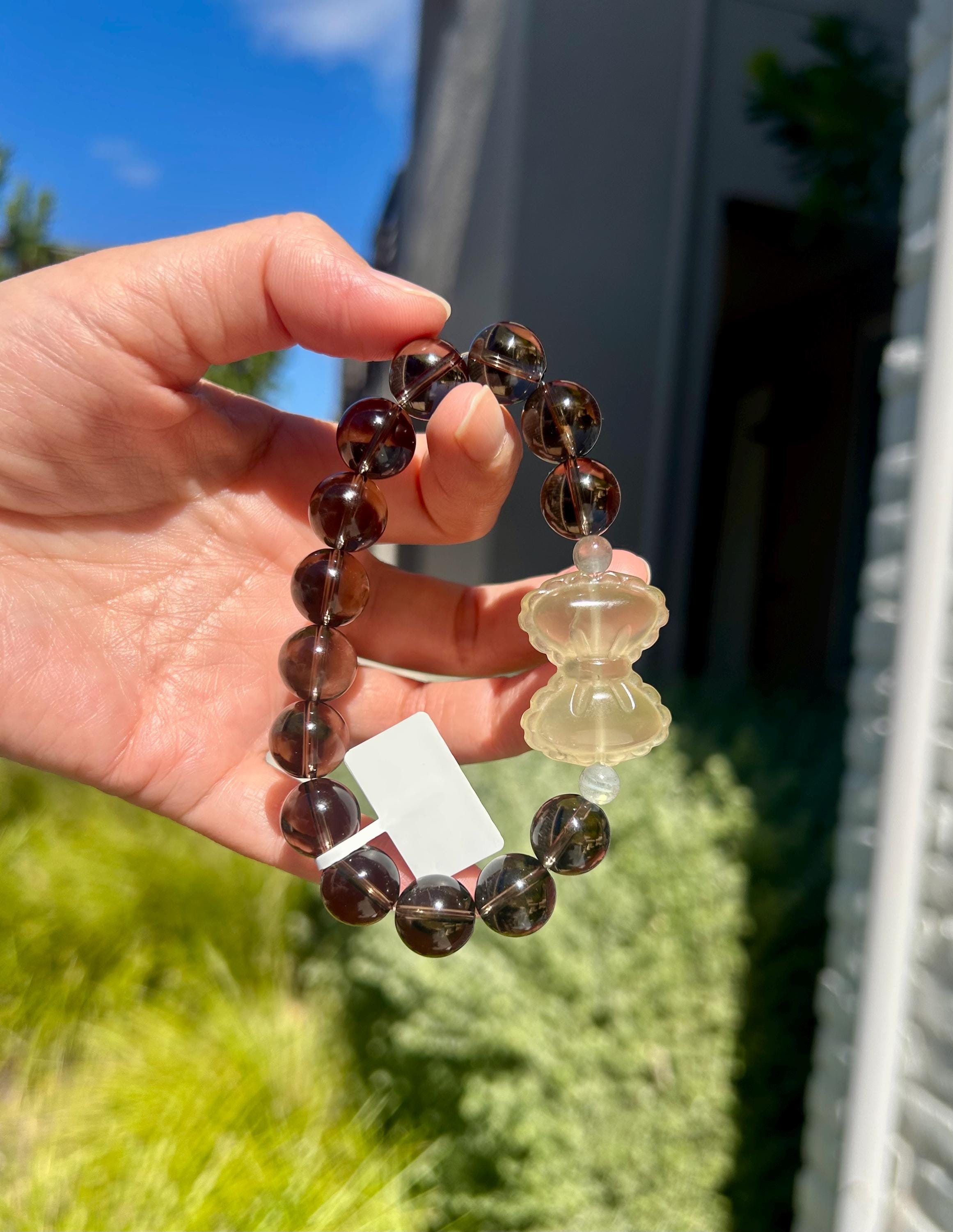 Chunky Natural Smoky Quartz Crystal Bracelet featured with a crystal bow, 12mm smoky beads, Fits up to 16.8cm wrist (26-153)