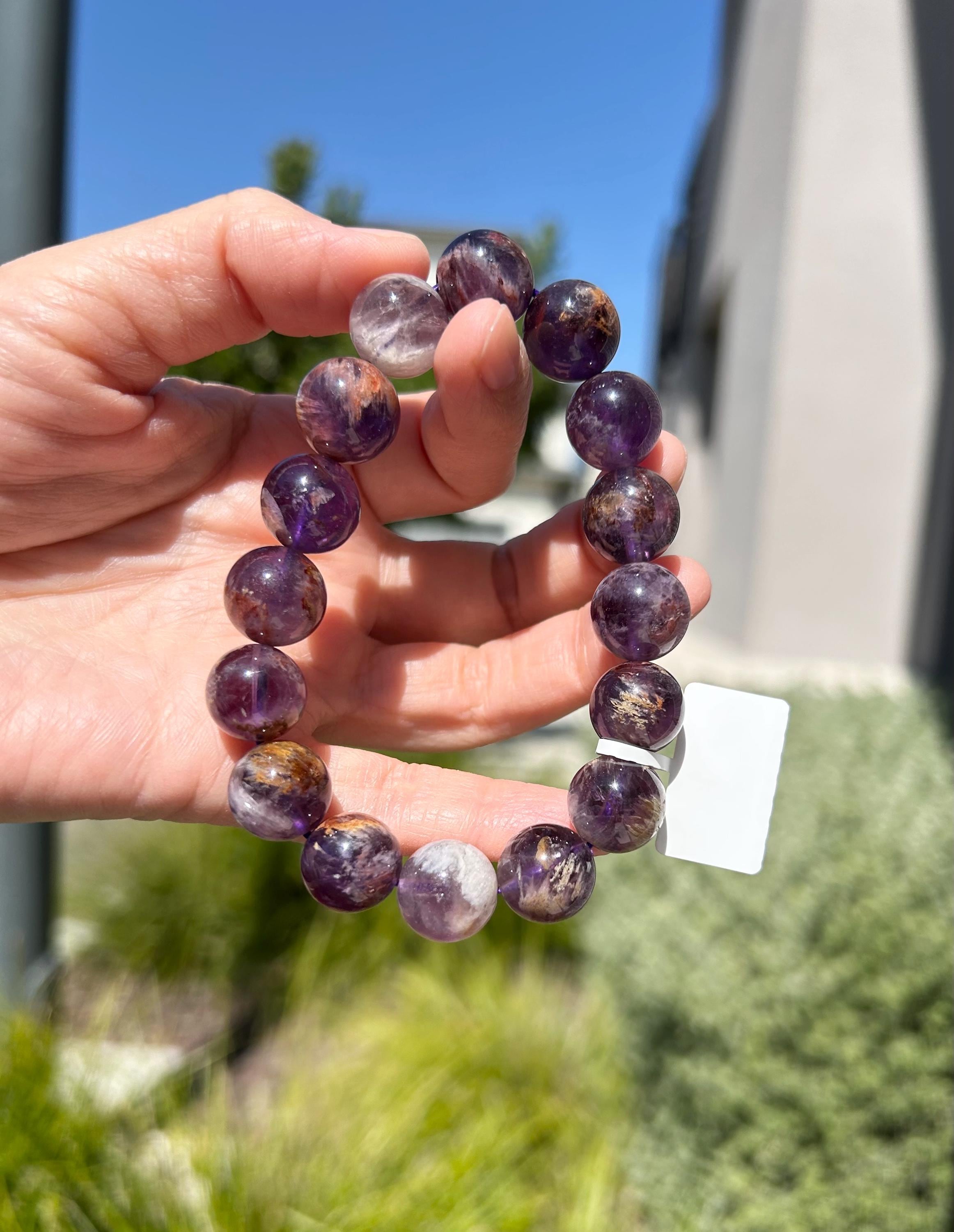 Chunky Natural Purple Phantom Amethyst Quartz Beaded Bracelet - 13mm, Phantom Amethyst Crystal Bracelet, fits up to 17cm wrist （25-013）