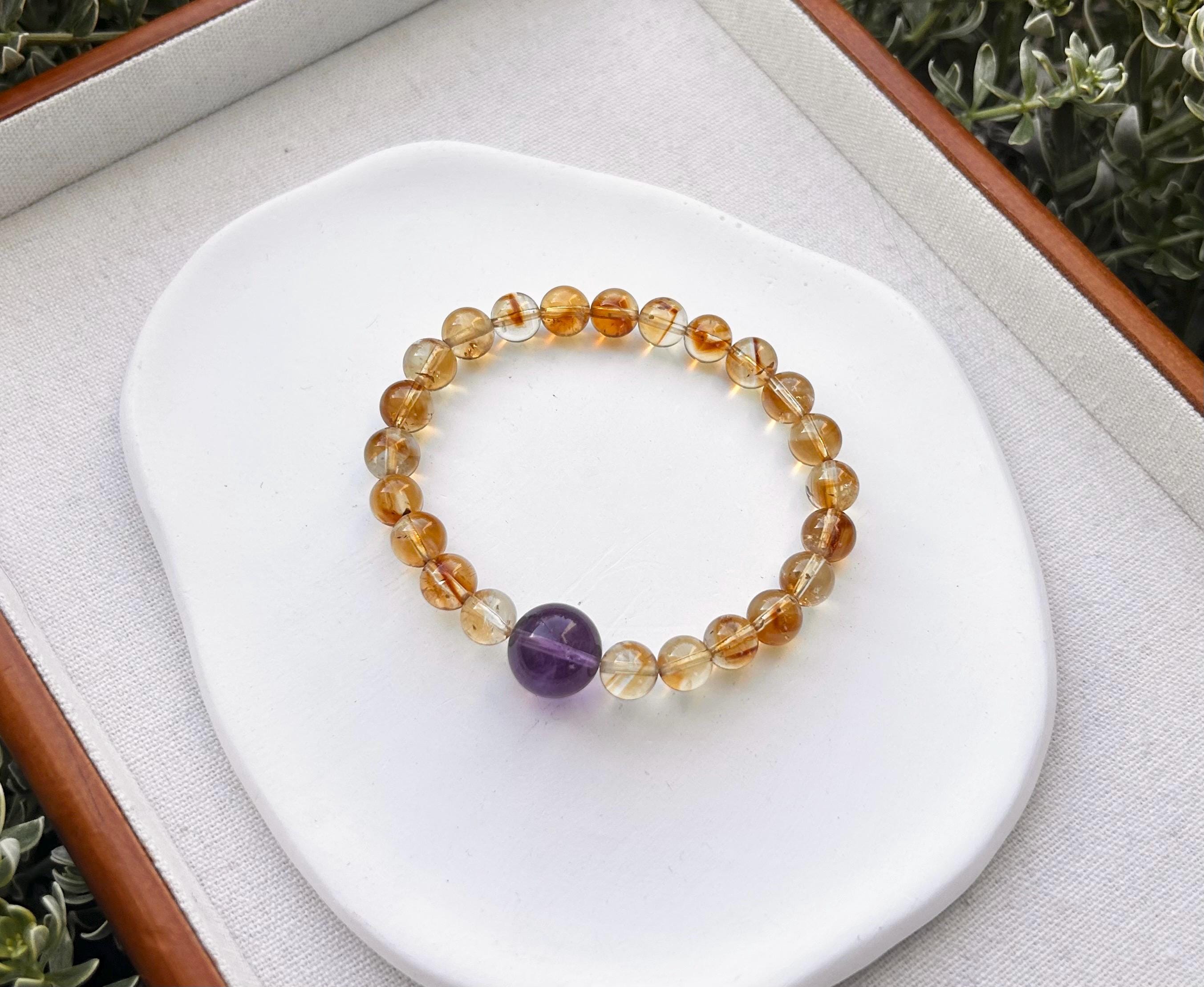 Genuine Citrine Bracelet with Amethyst Bead: Success & Abundance Crystal (25-127)