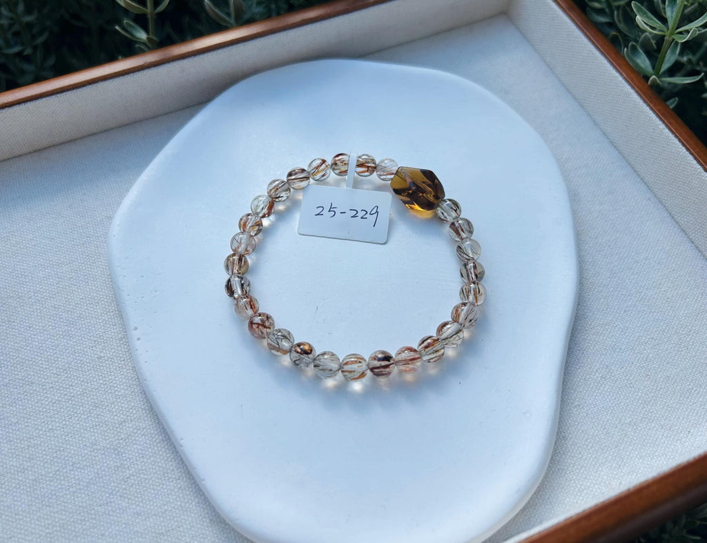Black Gold Rutile Quartz Crystal Bead Bracelet with one citrine facet bead, Fits up to 17cm wrist (25-229)