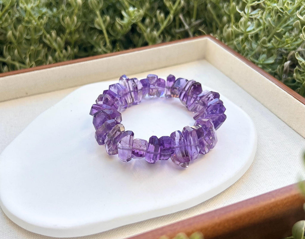 Faceted Amethyst Crystal Bead Bracelet: Stretchy Gemstone Jewelry, Fits up to 17cm wrist (GH-015)