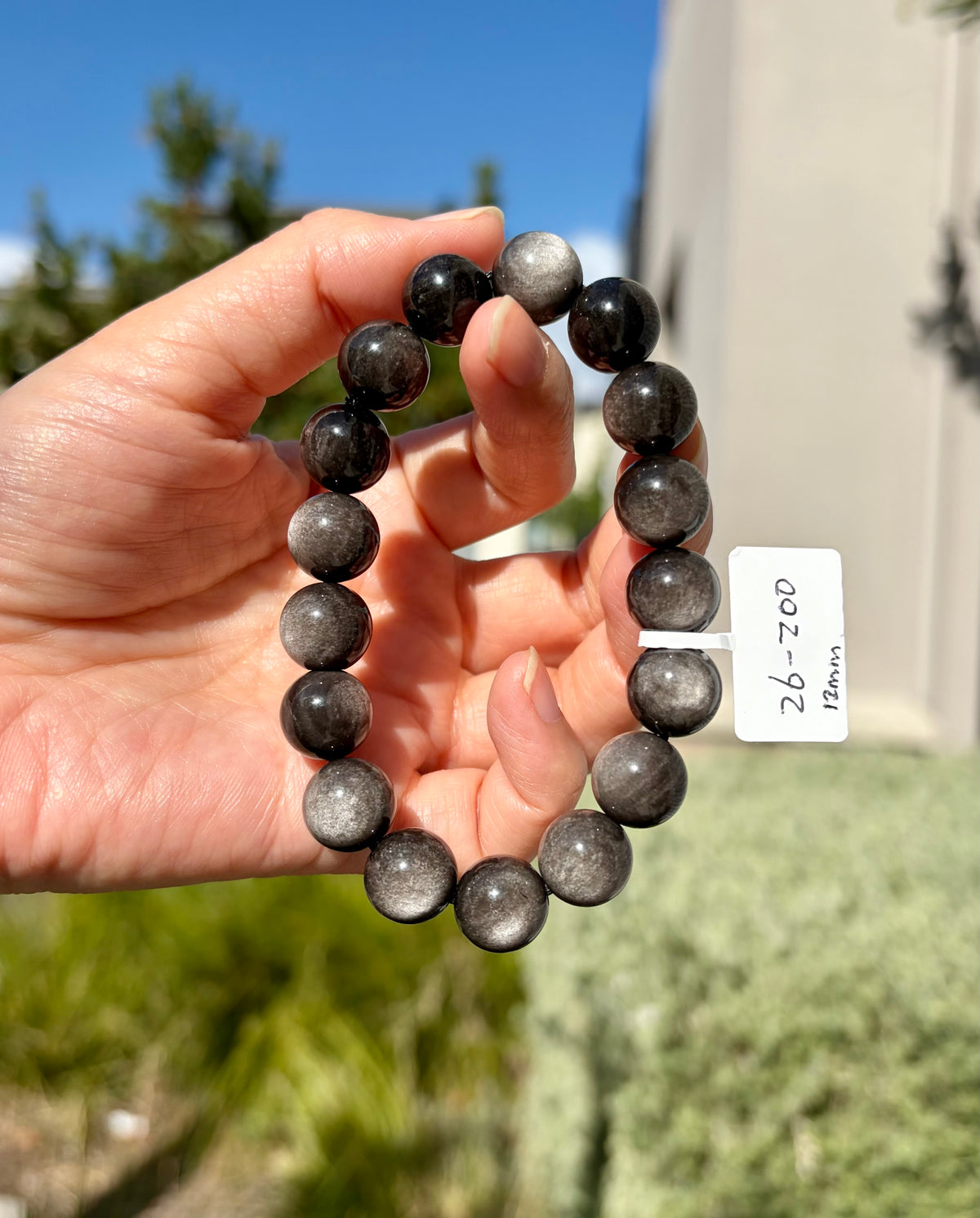 Chunky Silver Obsidian Bead Bracelet: Stretchy Gemstone Jewelry, 12mm beads, (26-200)