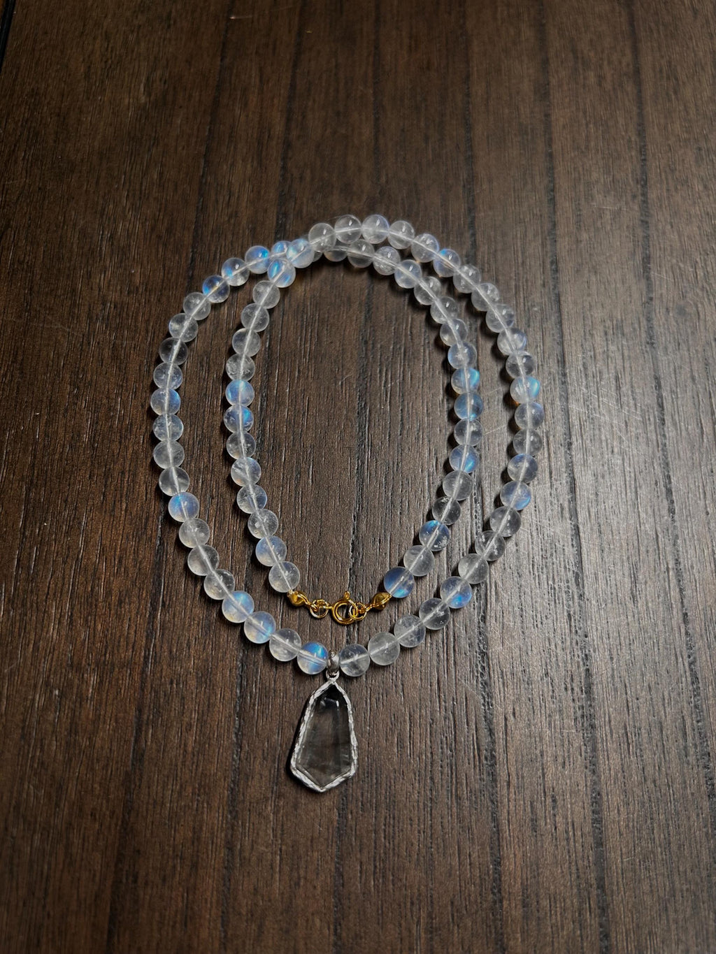 High quality blue light Moonstone beads and sterling silver accessories Necklace, Black & Silver Rutilated Quartz pendant (50cm) (GH-016)
