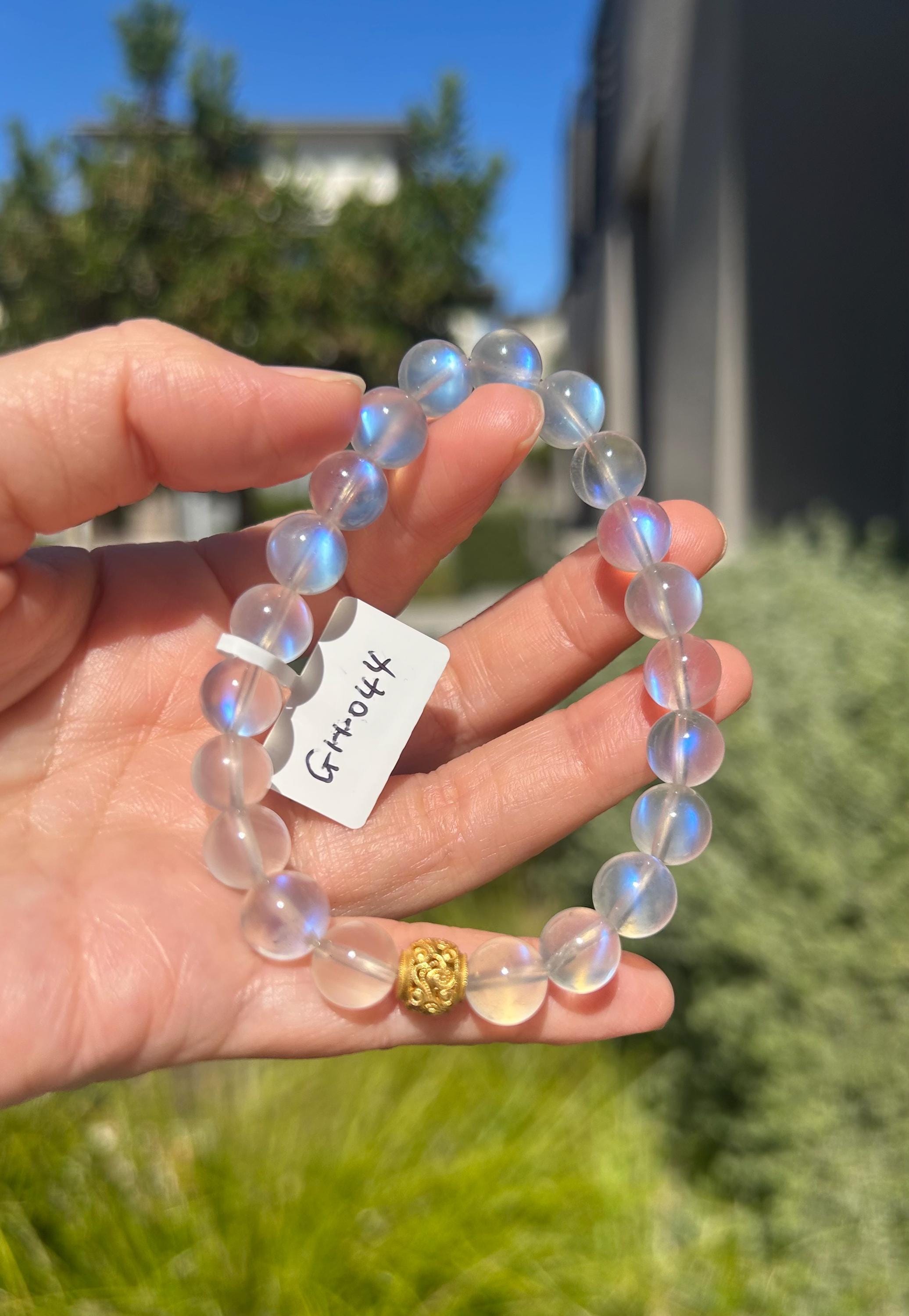 Clean Blue Flashy Natural Moonstone Crystal Bracelet with S925 bead: Blue Light Gemstone, 9mm Beads, fits up to 16.8cm wrist (GH-044)