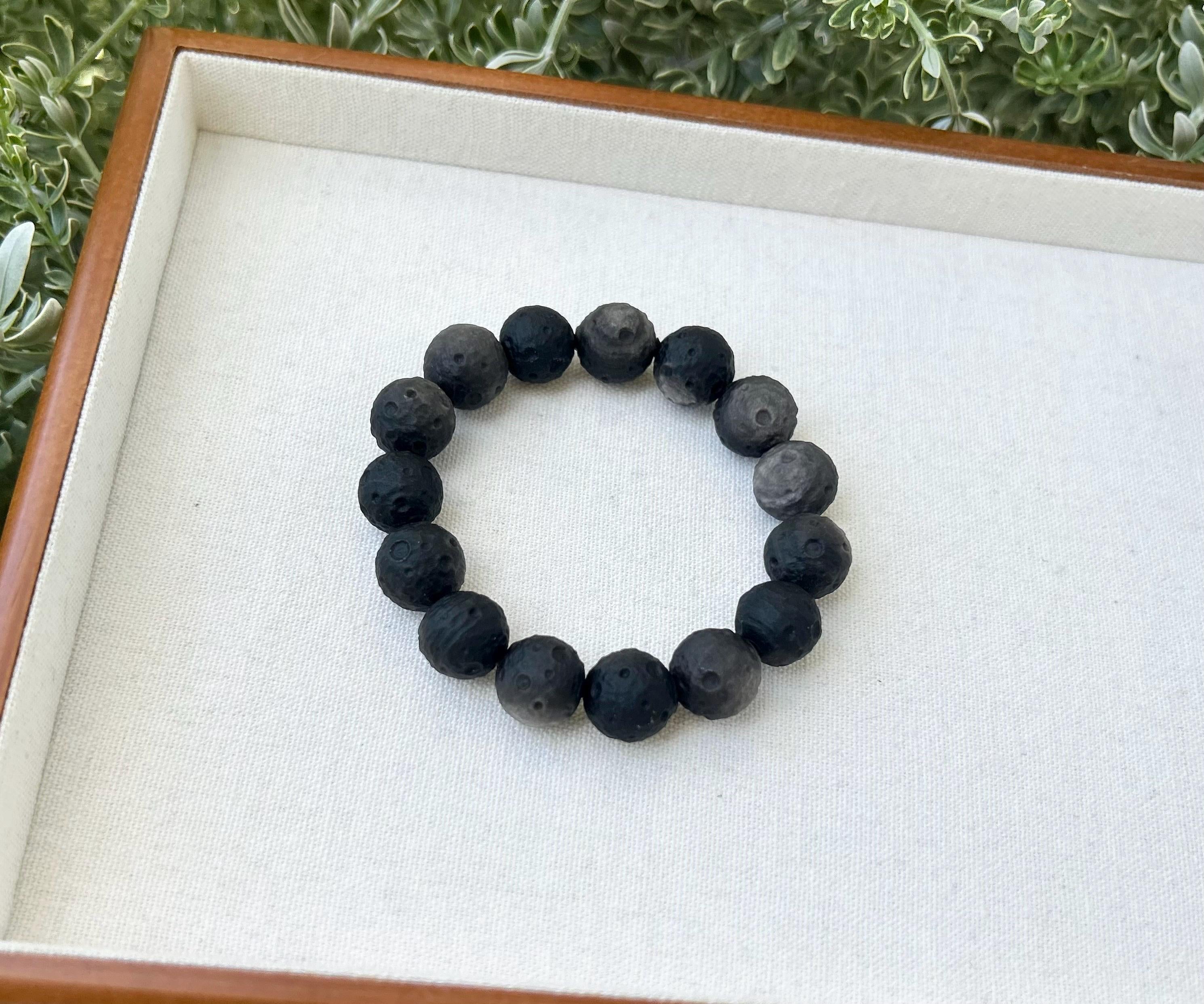 Chunky Obsidian Moon Beads bracelet - 14mm to 15mm beads, Natural Black Obsidian, Genuine Crystal Bracelet, Stretchy Beads Bracelet (26-141）
