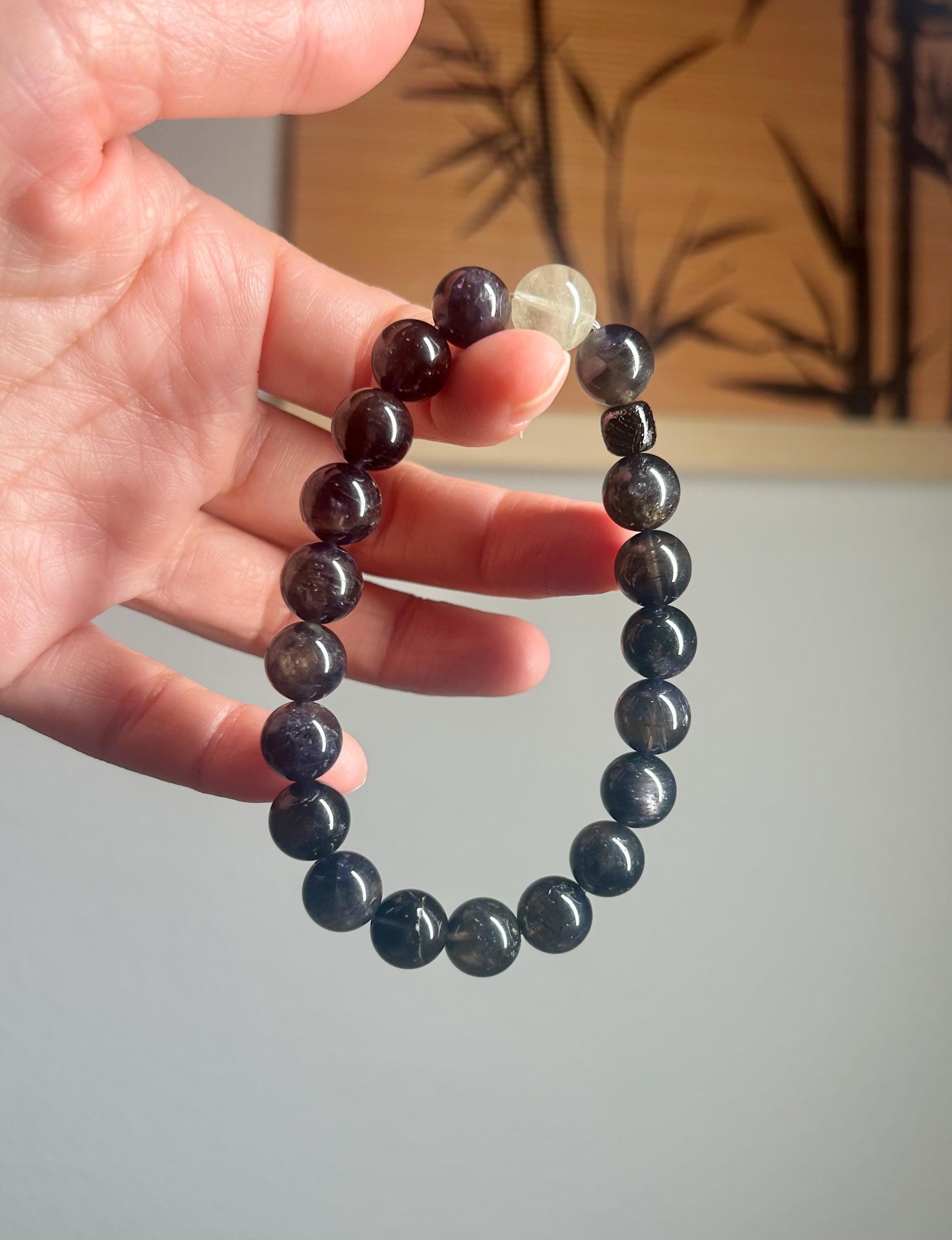 Natural Cordierite/Iolite with visible inclusions  Bracelet with one Libyan and Gibeon Meteorite, 10mm+ beads, fits up to 17cm wrist 25-224