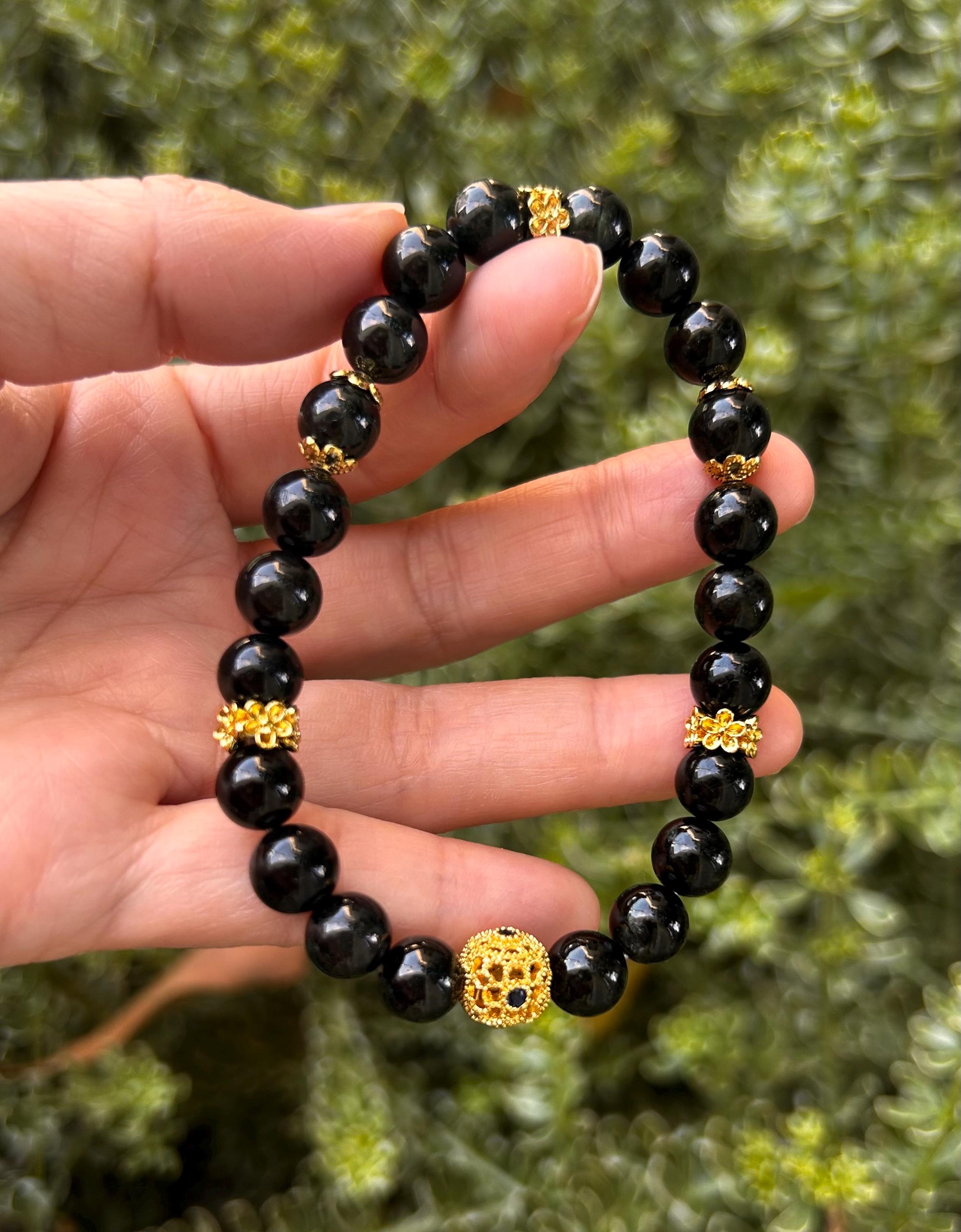 Natural Genuine black tourmaline crystal beads bracelet (25-129) Fits up to 17cm wrist