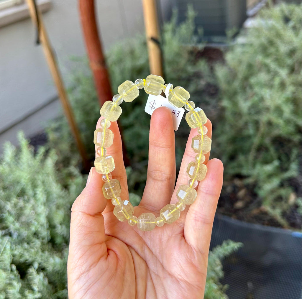 Healing Crystal, Gold Libyan Desert Glass square beads Bracelet: Tektite Beads, about 10mm beads, Fits up to 17.3cm wrist (26-165)