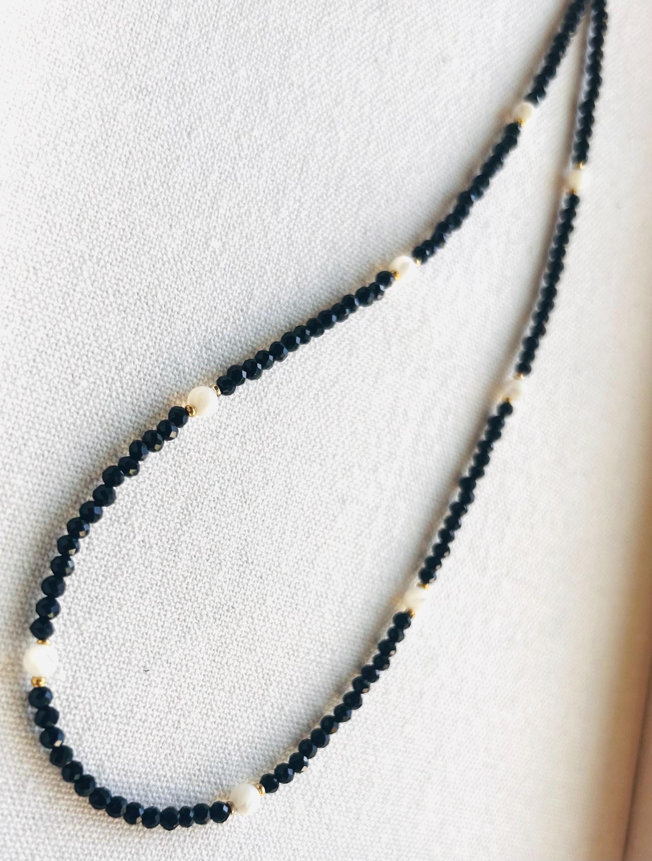 Black Spinel necklace with Gold and shell beads, August Birthstone (26-044)