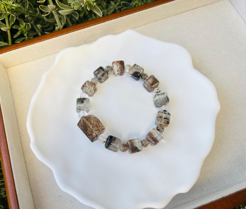 Four Season Phantom Quartz square beads with one chunky Black Gold Rutile Crystal Bracelet, fits up to 17cm wrist (25-184)