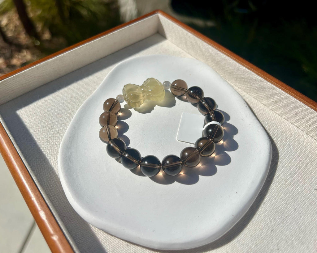 Chunky Natural Smoky Quartz Crystal Bracelet featured with a crystal bow, 12mm smoky beads, Fits up to 16.8cm wrist (26-153)