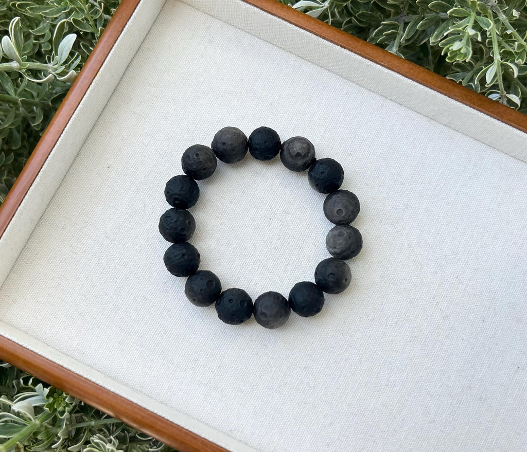 Chunky Obsidian Moon Beads bracelet - 14mm to 15mm beads, Natural Black Obsidian, Genuine Crystal Bracelet, Stretchy Beads Bracelet (26-141）