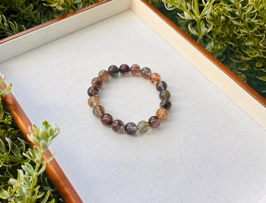 High Grade Black Gold Rutilated Quartz Bead Bracelet: Chunky Gemstone Jewelry (GH-003)