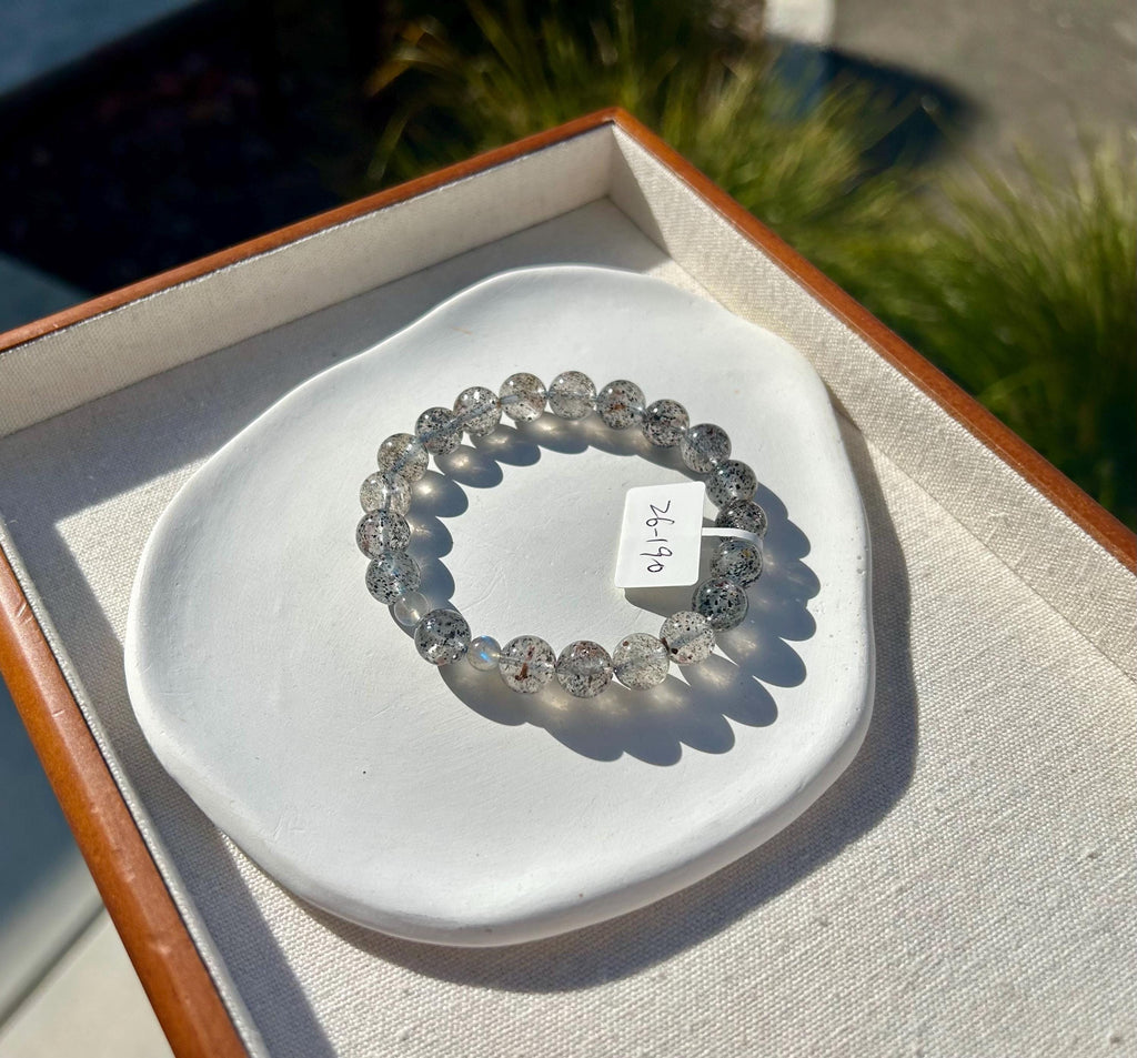 Phatom clear quartz beads with 2 small labradorite beads crystal bracelet, 9mm+ beads, fits up to 17cm wrist (26-190)