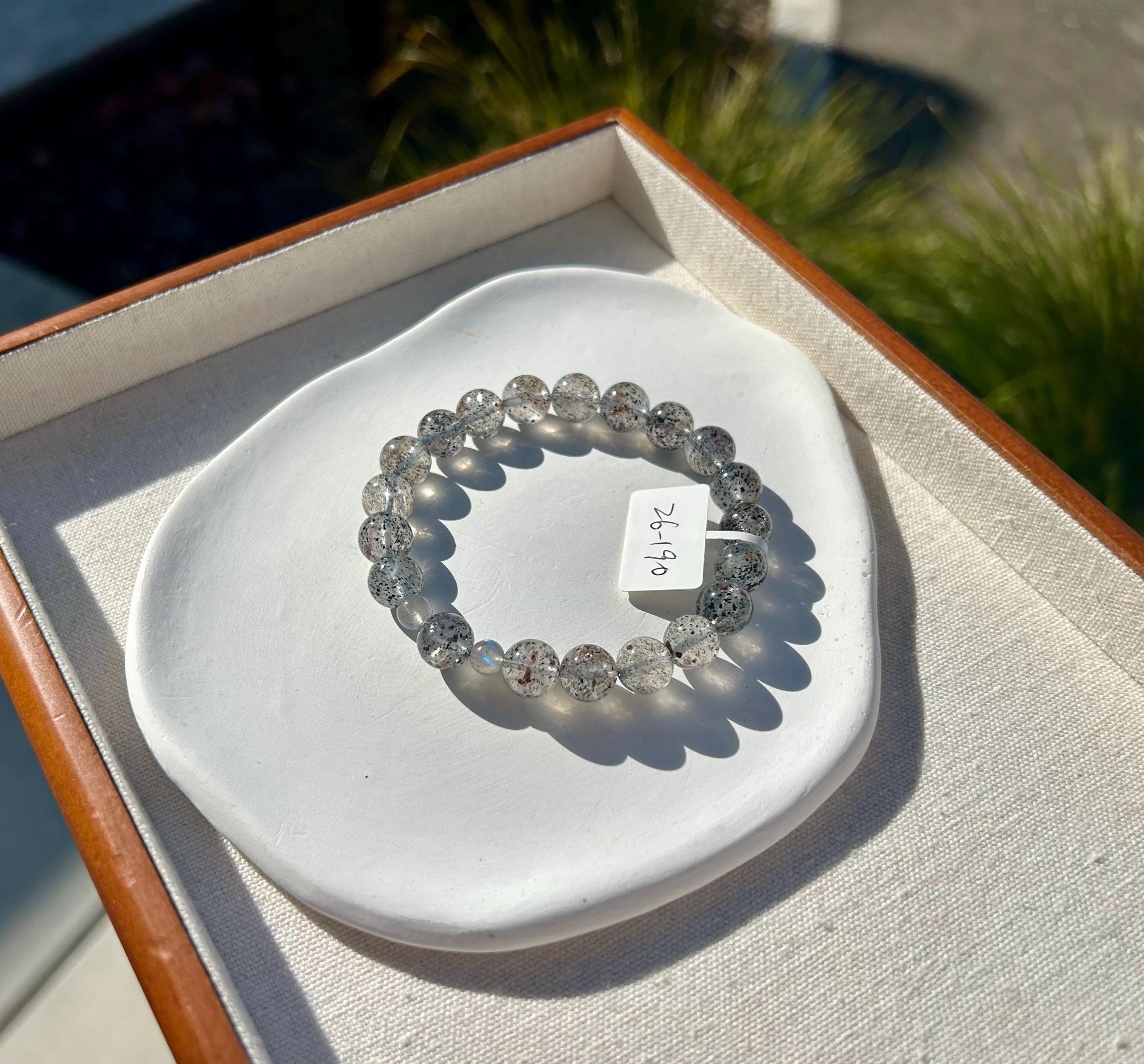 Phatom clear quartz beads with 2 small labradorite beads crystal bracelet, 9mm+ beads, fits up to 17cm wrist (26-190)