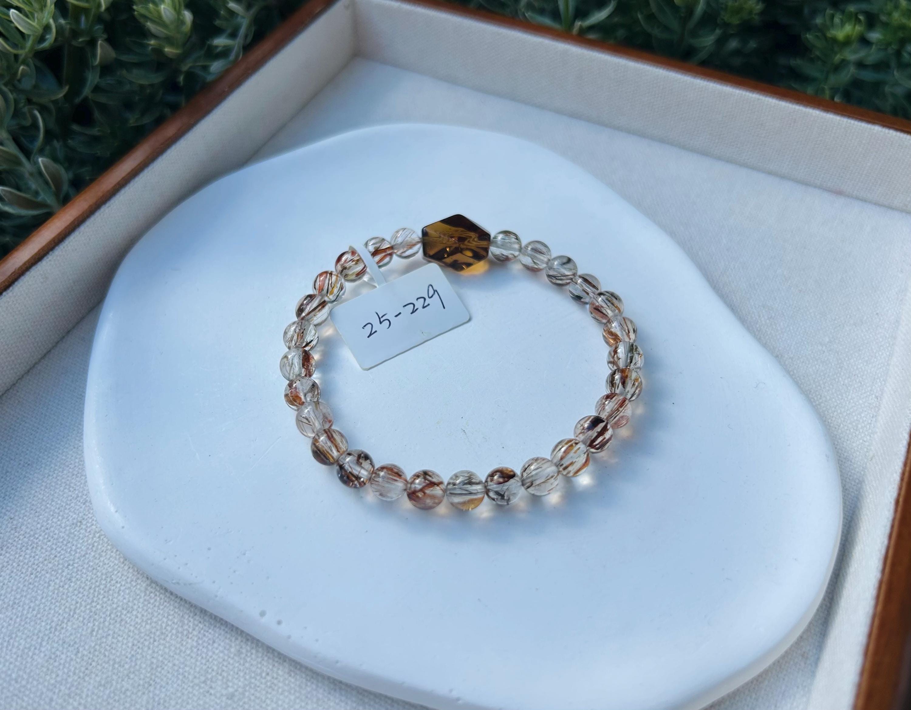 Black Gold Rutile Quartz Crystal Bead Bracelet with one citrine facet bead, Fits up to 17cm wrist (25-229)