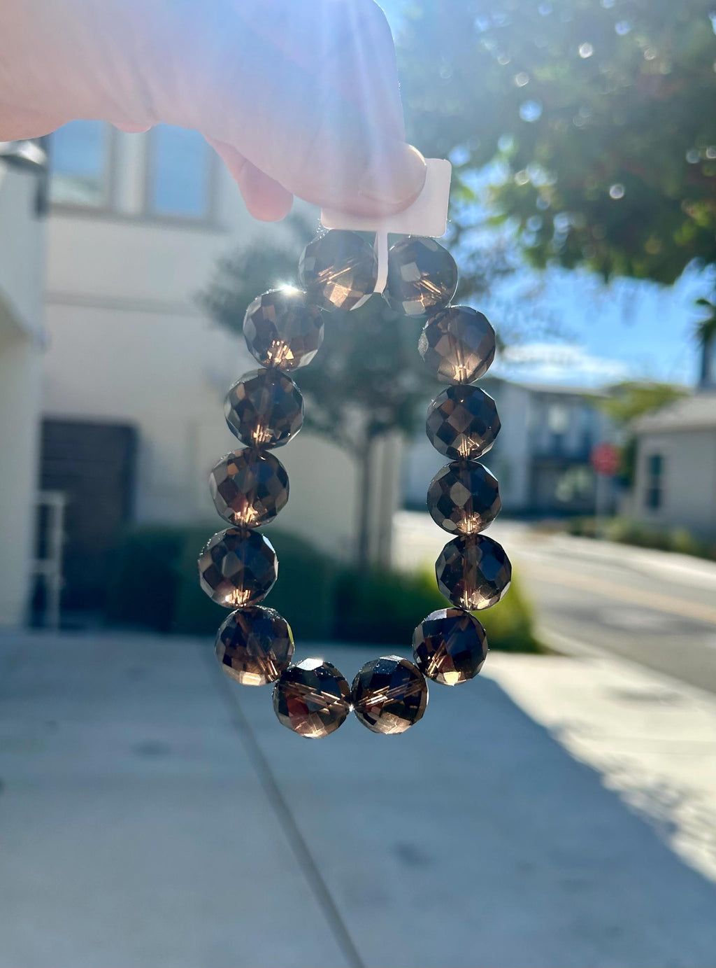 Chunky faceted Natural Smoky Quartz Crystal Bracelet featured with a crystal bow, 15mm+ smoky beads, Fits up to 18mm wrist (26-189)