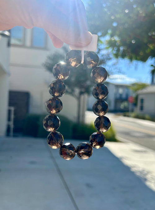 Chunky faceted Natural Smoky Quartz Crystal Bracelet featured with a crystal bow, 15mm+ smoky beads, Fits up to 18mm wrist (26-189)