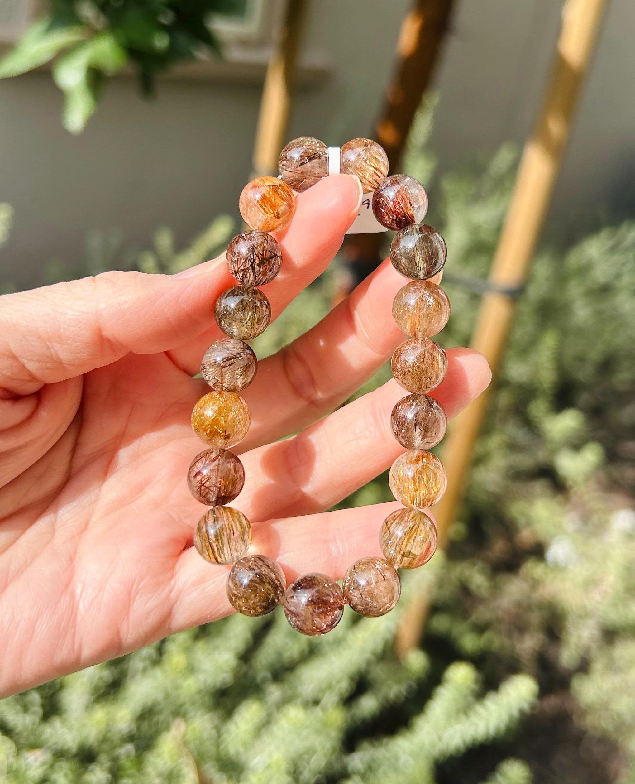 High Grade Black Gold Rutilated Quartz Bead Bracelet: Chunky Gemstone Jewelry (GH-003)