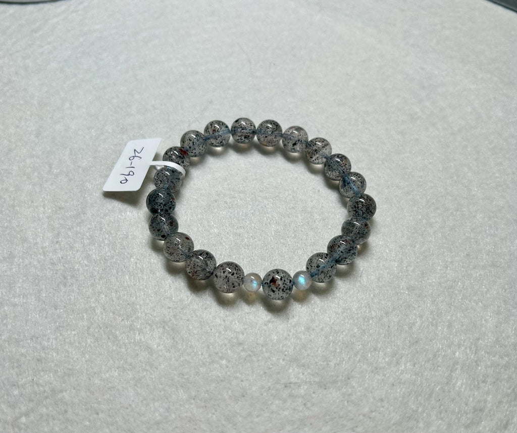 Phatom clear quartz beads with 2 small labradorite beads crystal bracelet, 9mm+ beads, fits up to 17cm wrist (26-190)