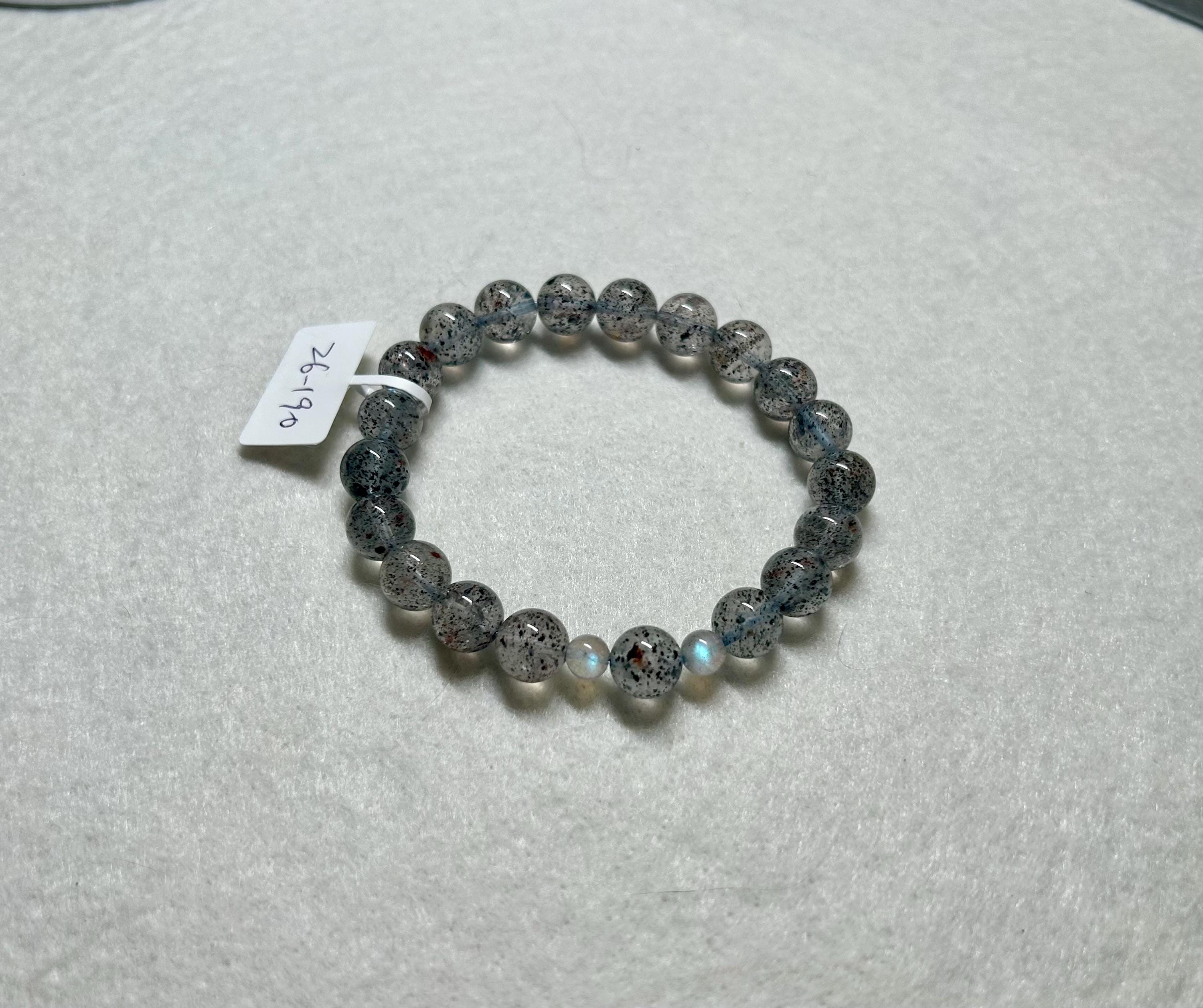 Phatom clear quartz beads with 2 small labradorite beads crystal bracelet, 9mm+ beads, fits up to 17cm wrist (26-190)